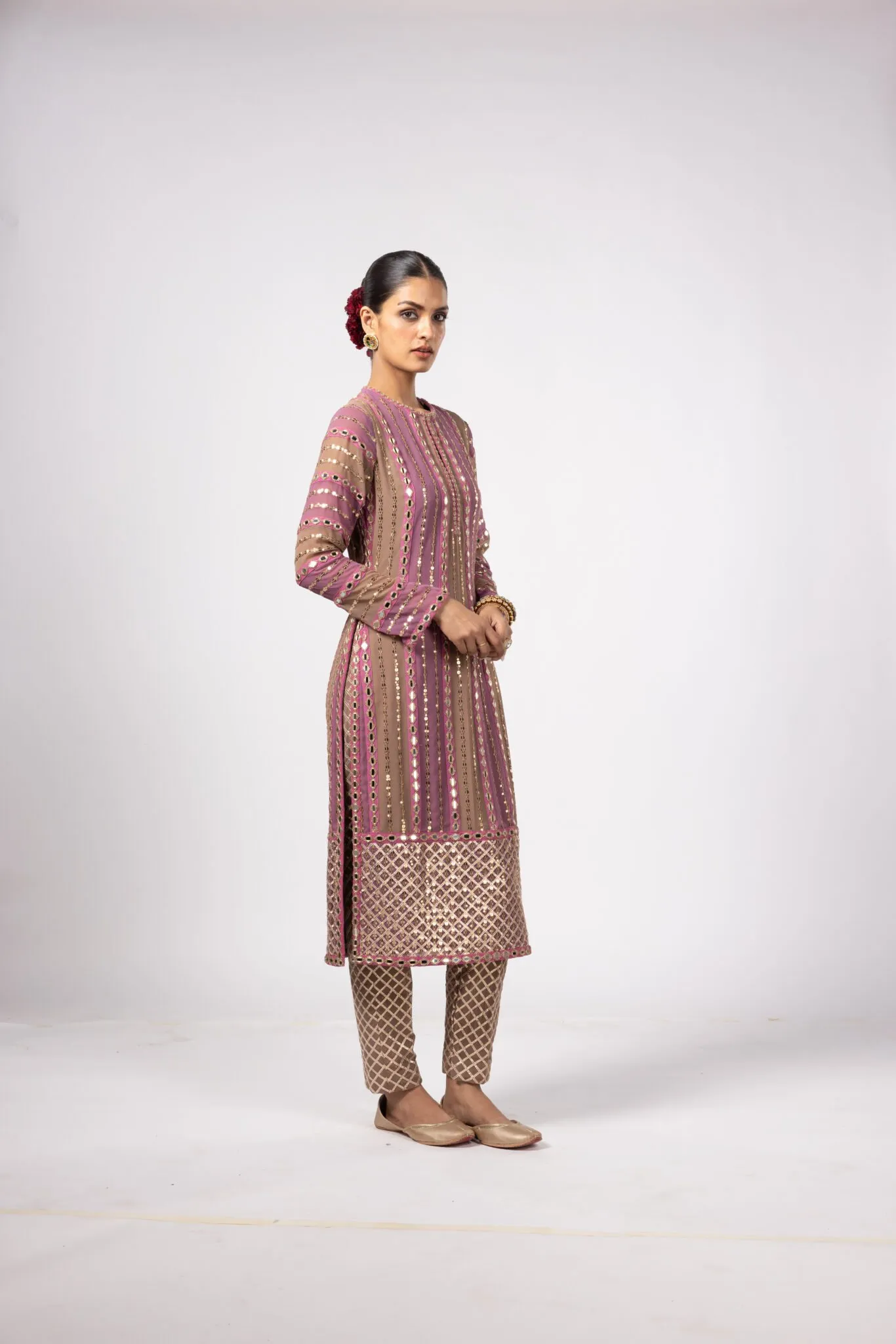 Dusty Rose Mirror Work Suit with Net Dupatta