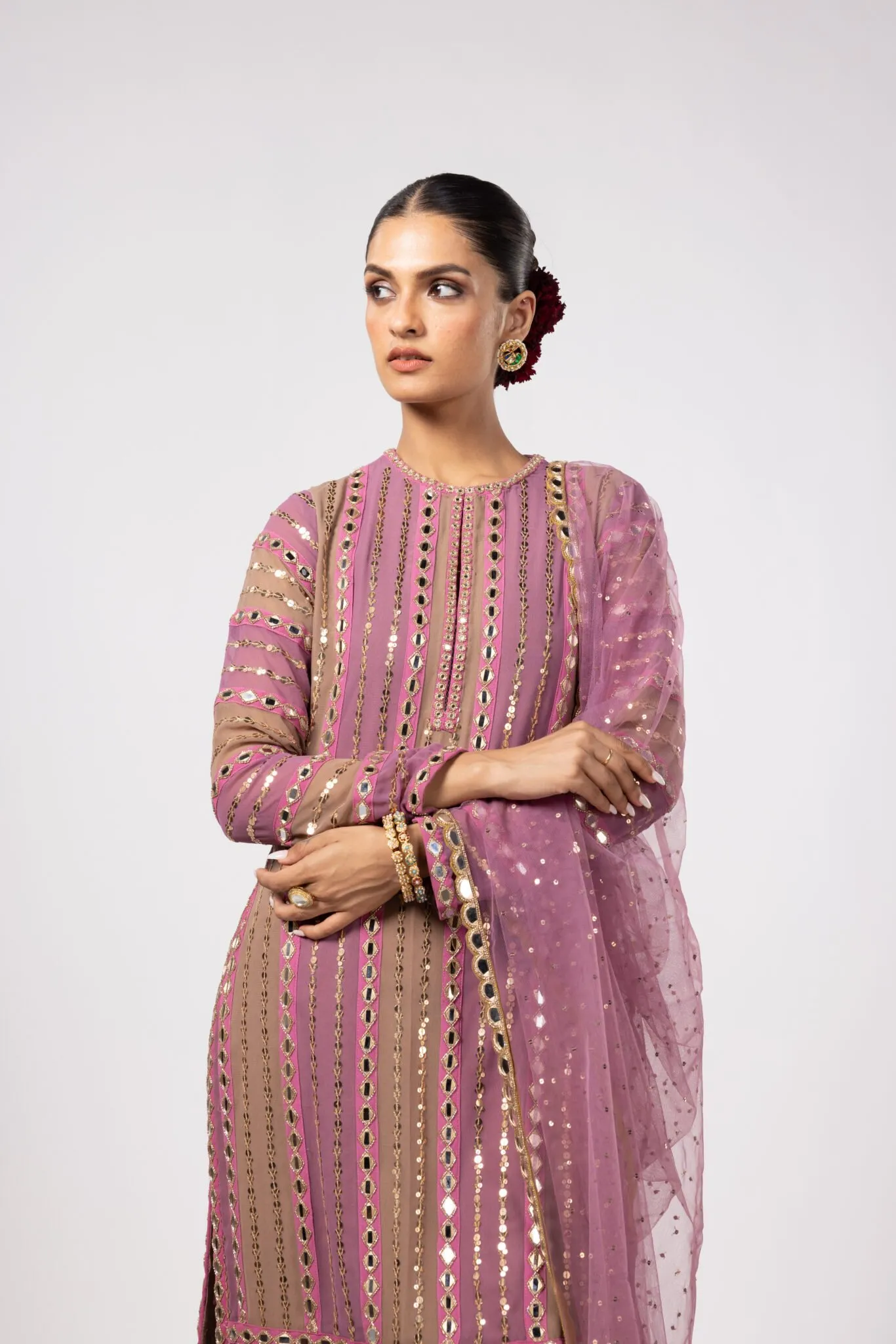 Dusty Rose Mirror Work Suit with Net Dupatta
