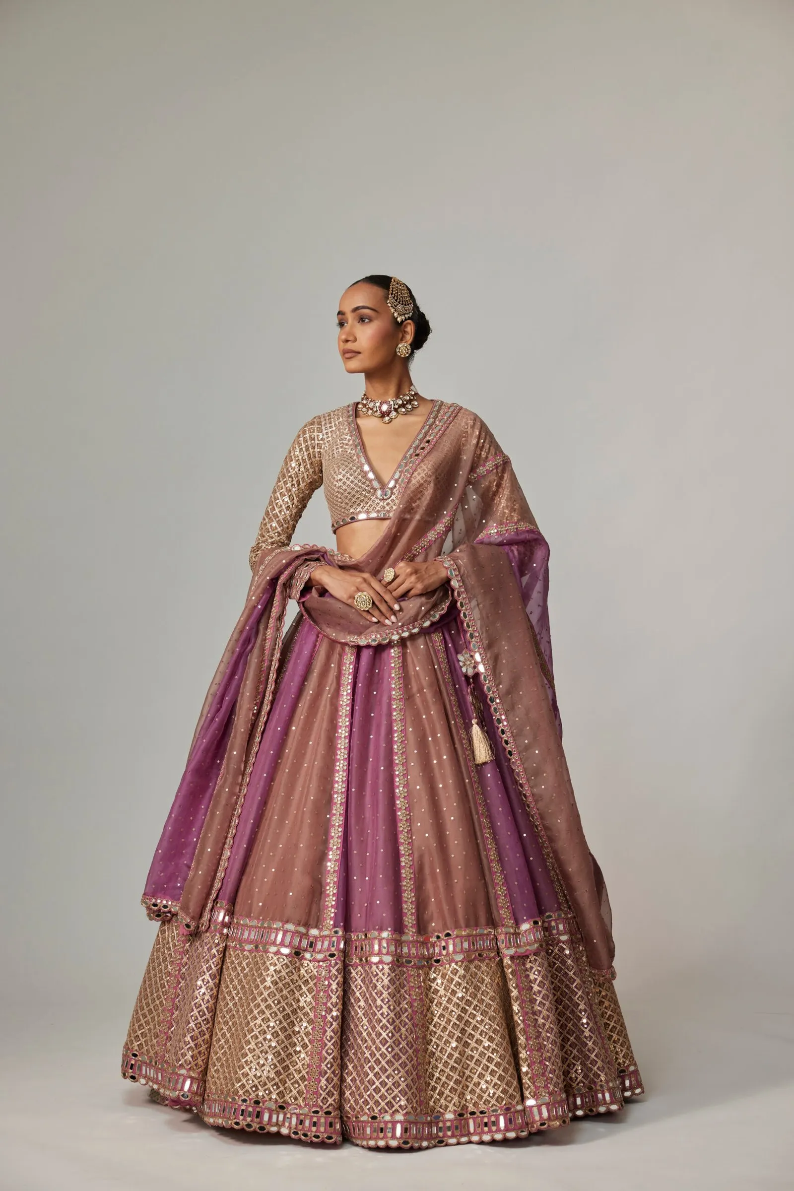 Plum and Mocha Mirror Embellished Bridal Lehenga