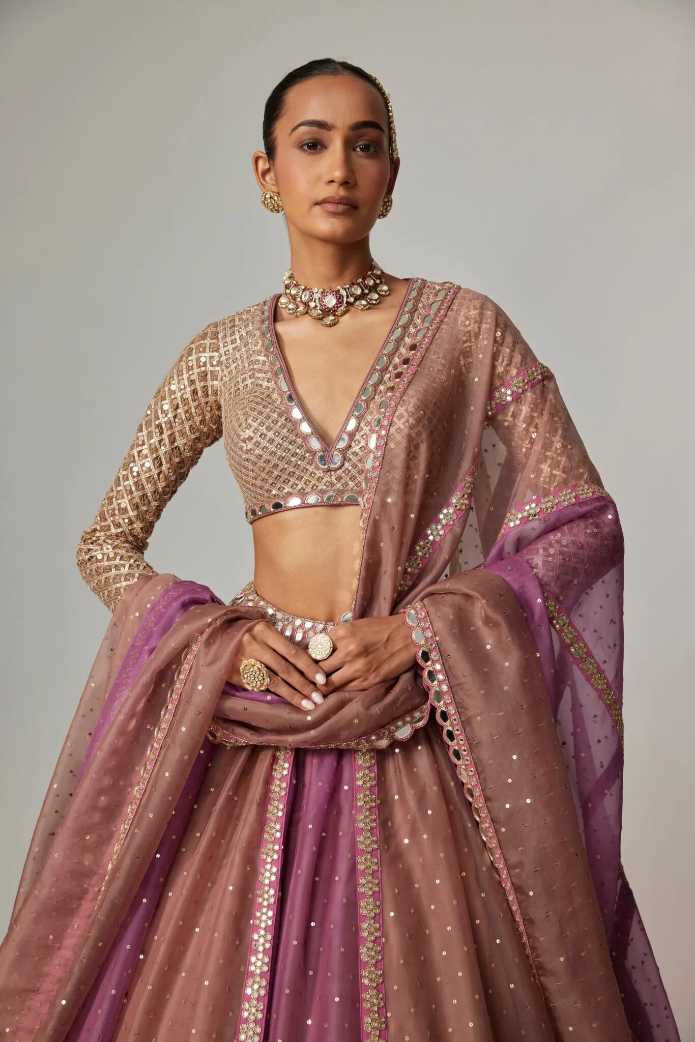 Plum and Mocha Mirror Embellished Bridal Lehenga