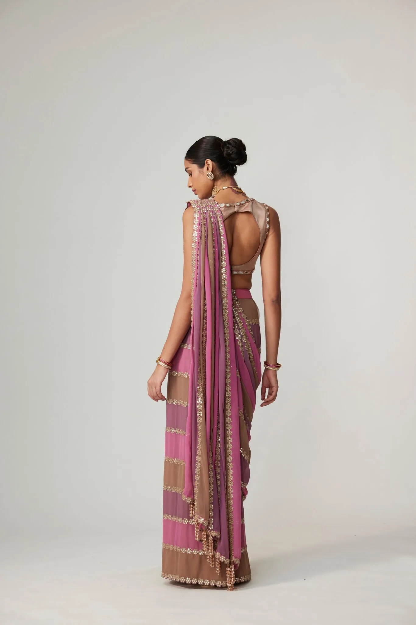 Pink & Brown Striped Sequin Sari with Satin Blouse