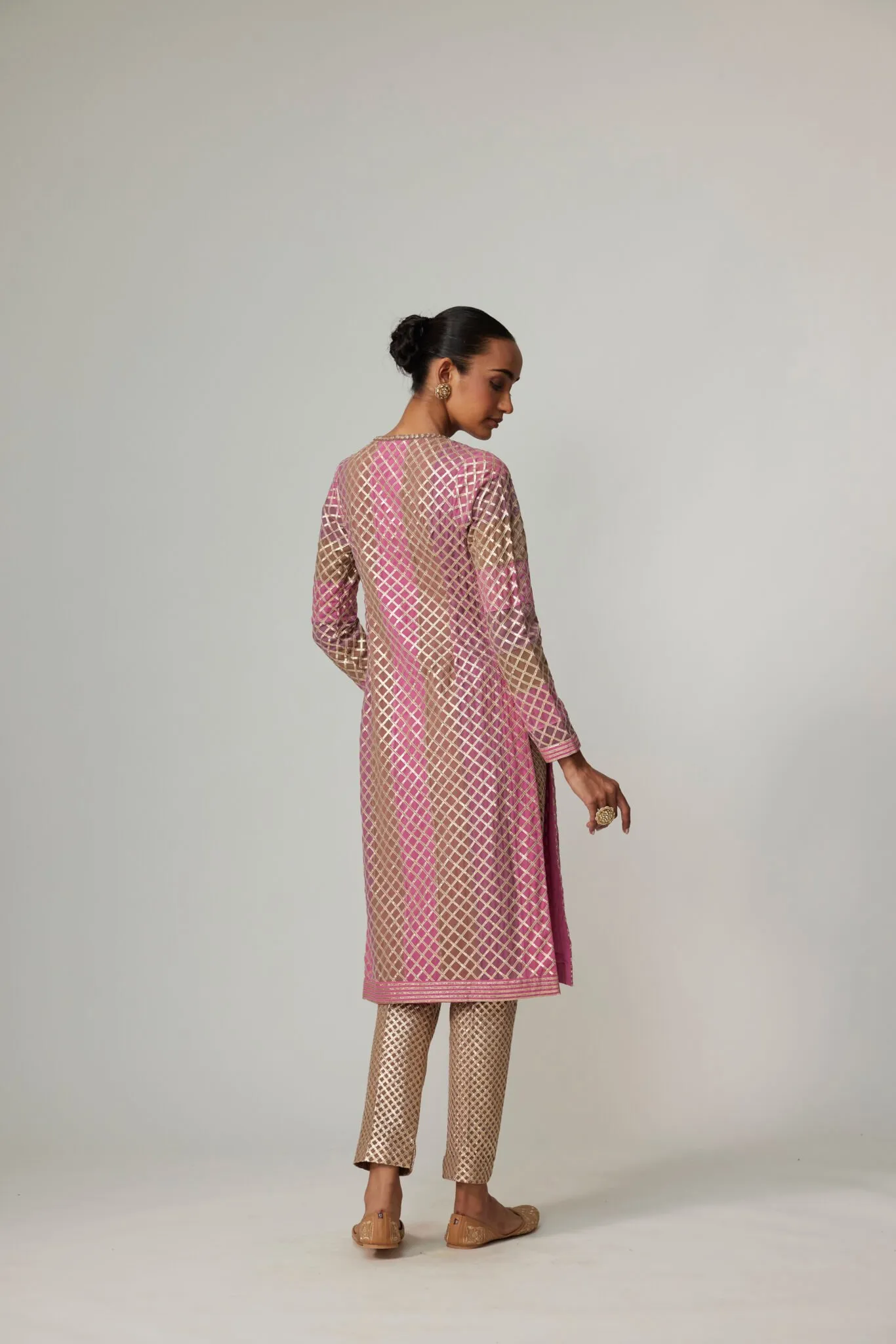 Pink and Brown Jaal Kurta Set