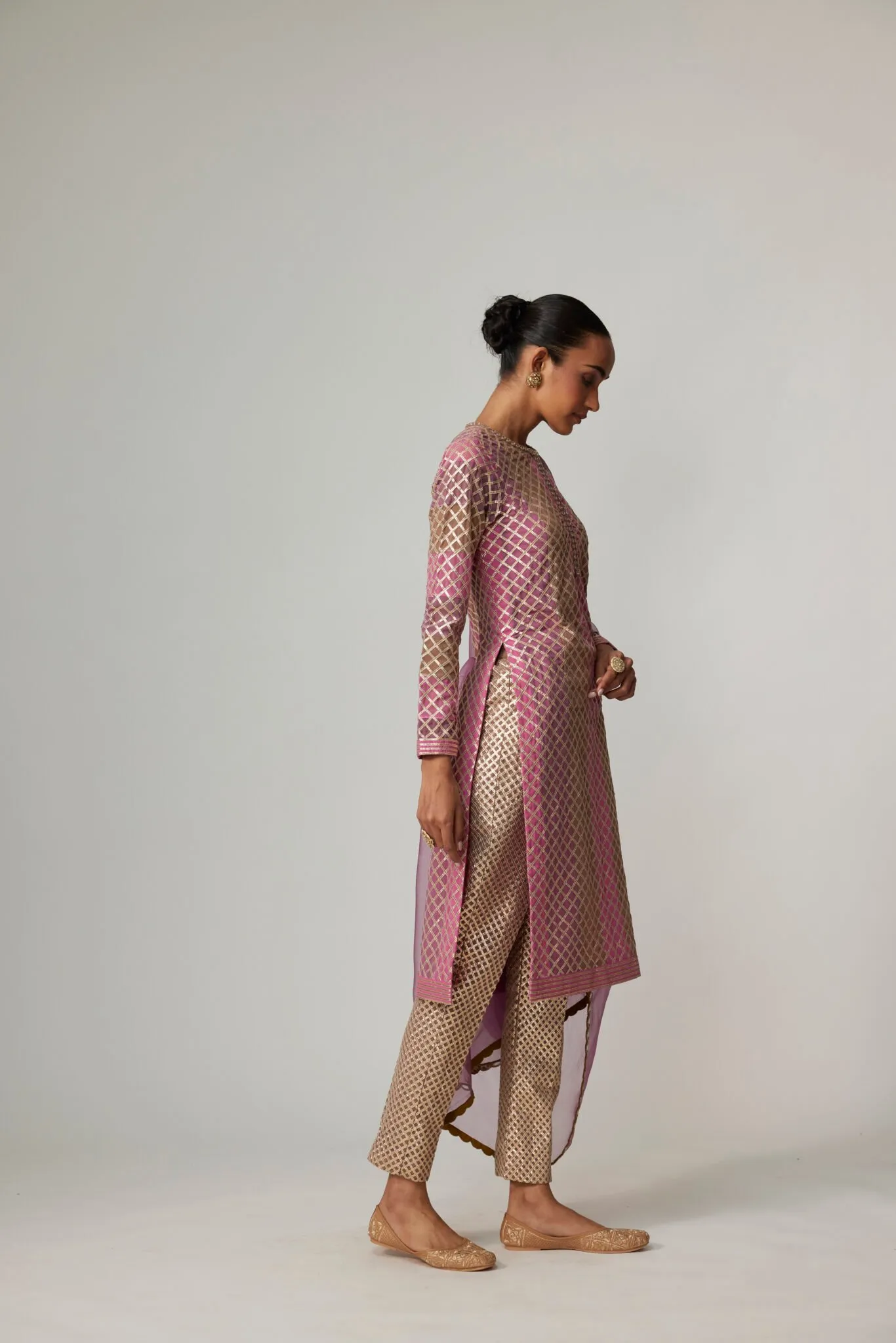 Pink and Brown Jaal Kurta Set with Dupatta