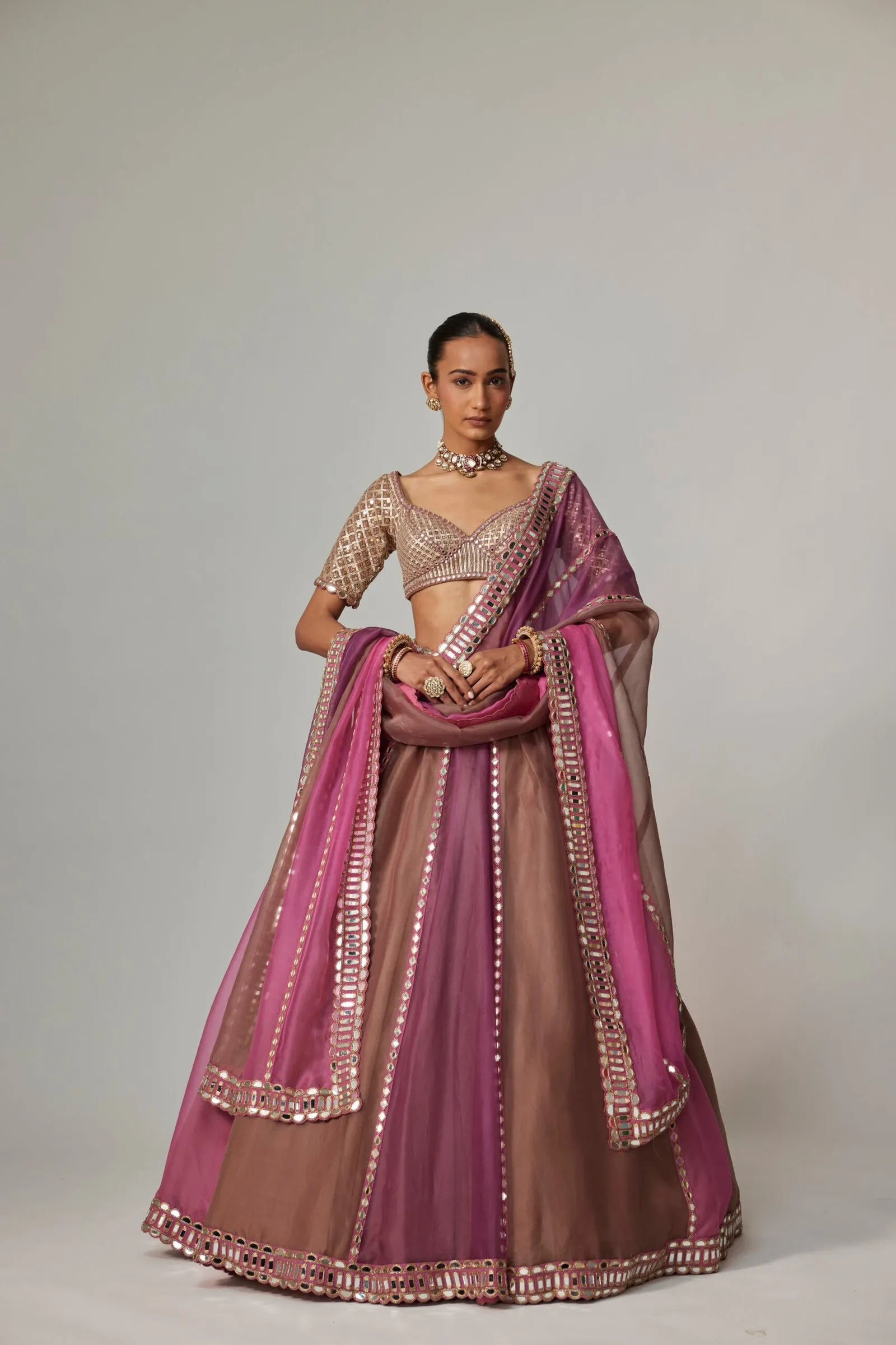 Pink and Brown Lehenga with Mirror Work Dupatta