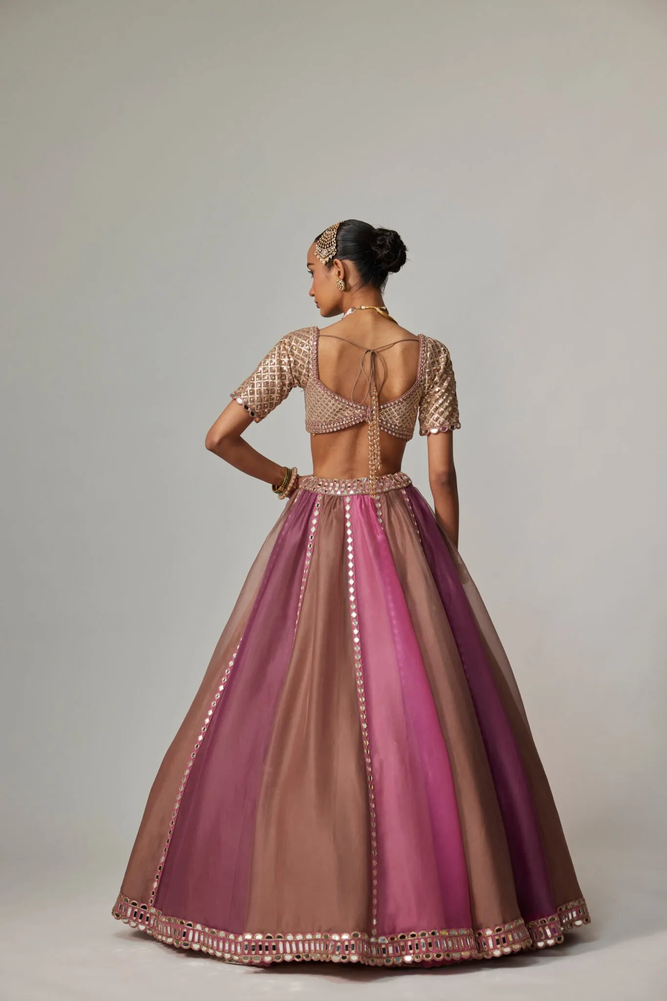 Pink and Brown Lehenga with Mirror Work Dupatta