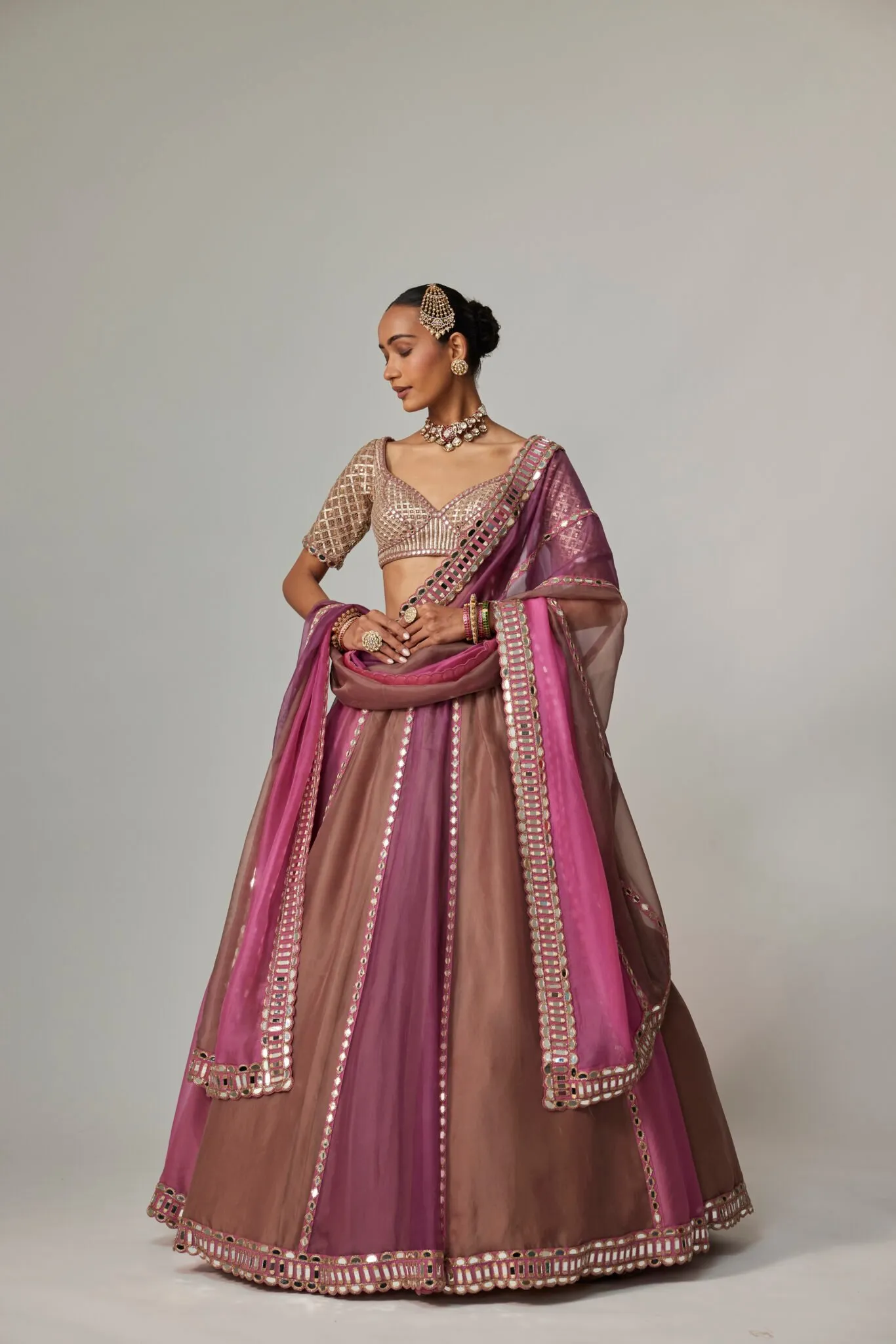 Pink and Brown Lehenga with Mirror Work Dupatta