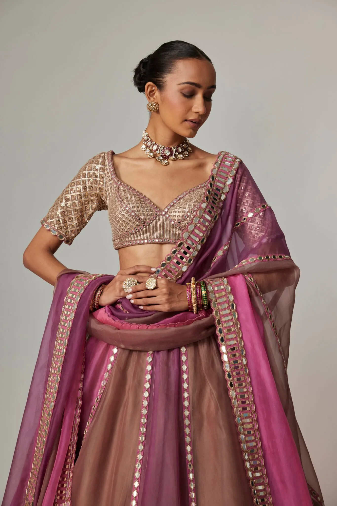 Pink and Brown Lehenga with Mirror Work Dupatta