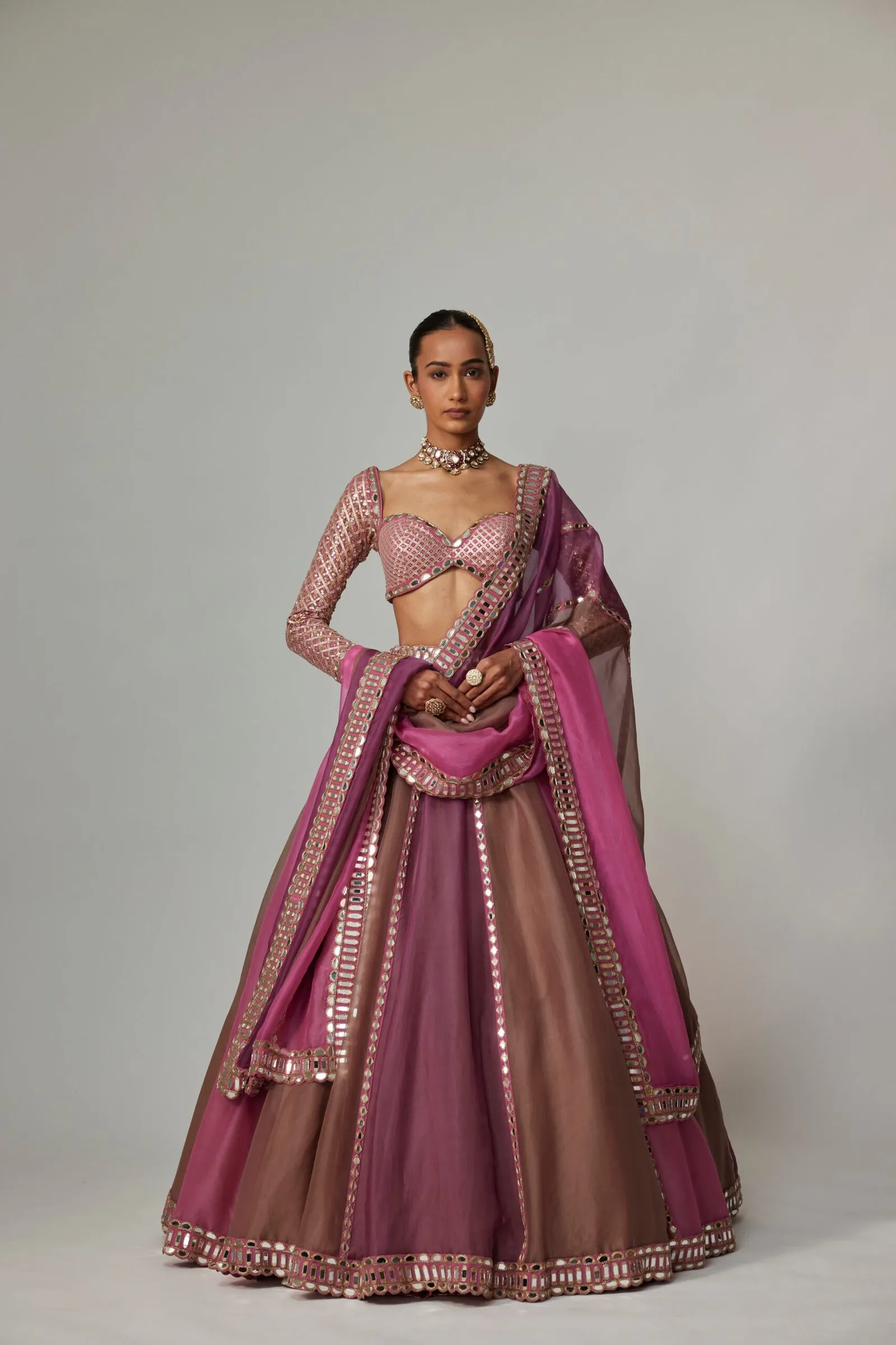 Pink and Brown Mirror Work Lehenga with Long-Sleeved Blouse
