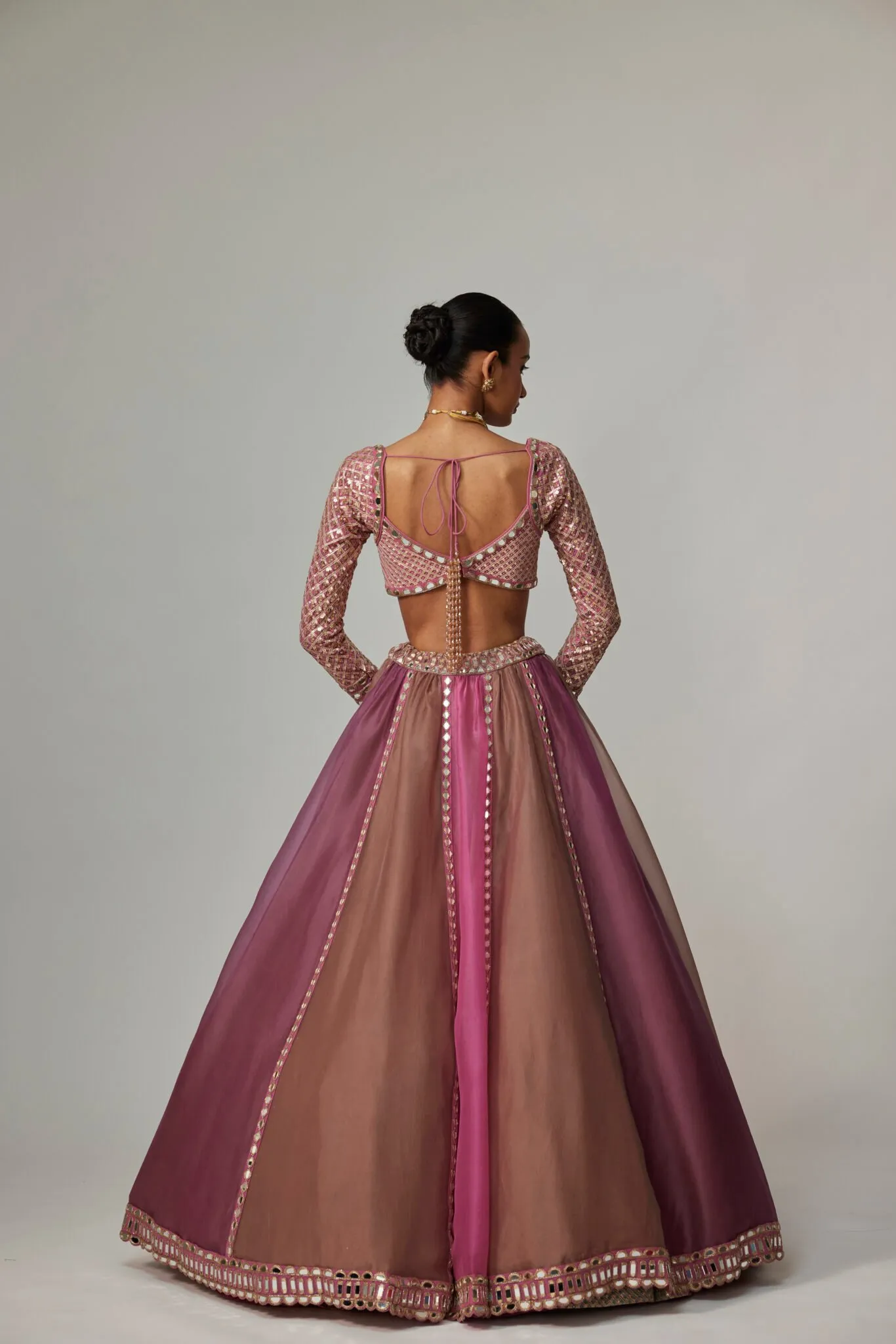 Pink and Brown Mirror Work Lehenga with Long-Sleeved Blouse