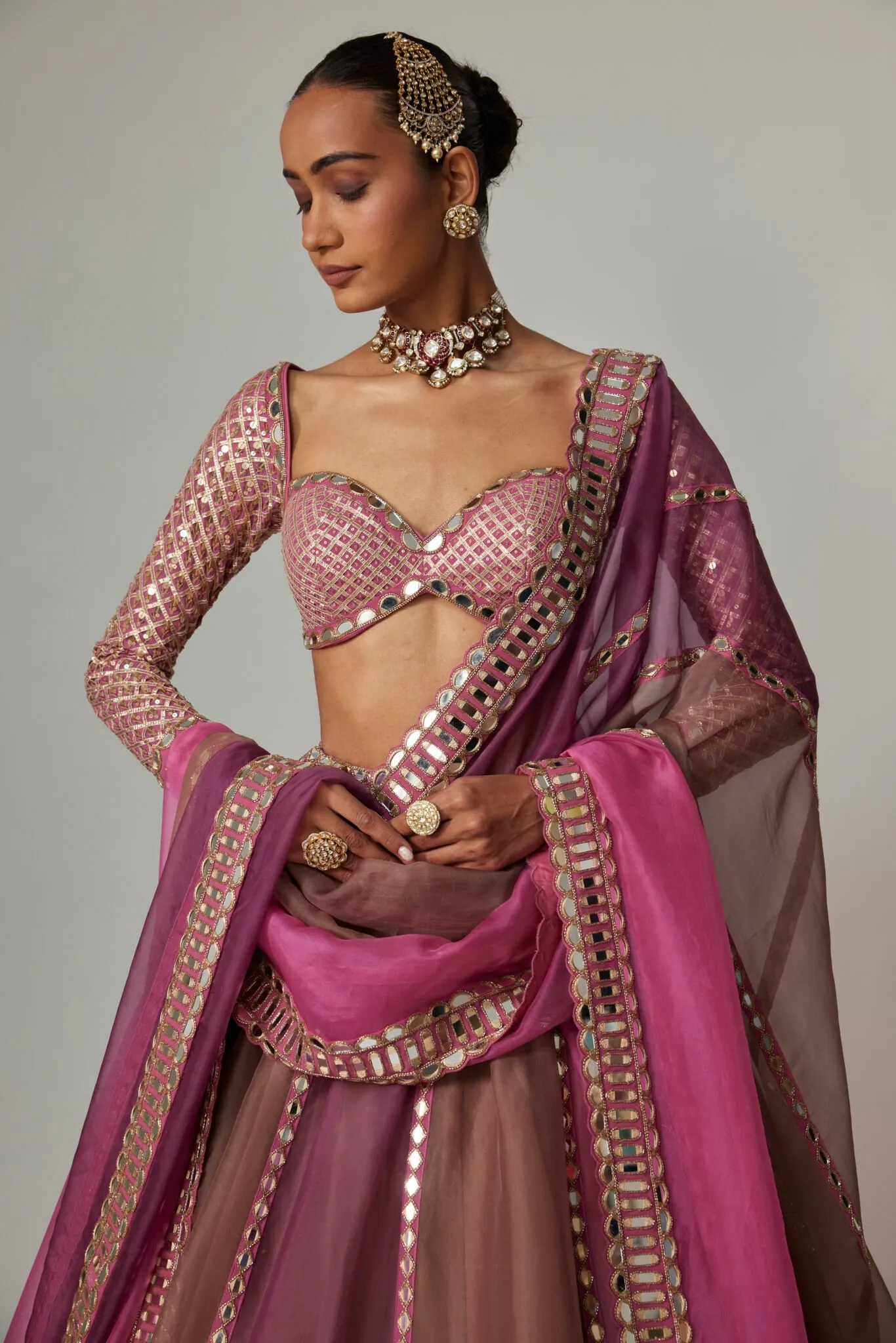 Pink and Brown Mirror Work Lehenga with Long-Sleeved Blouse