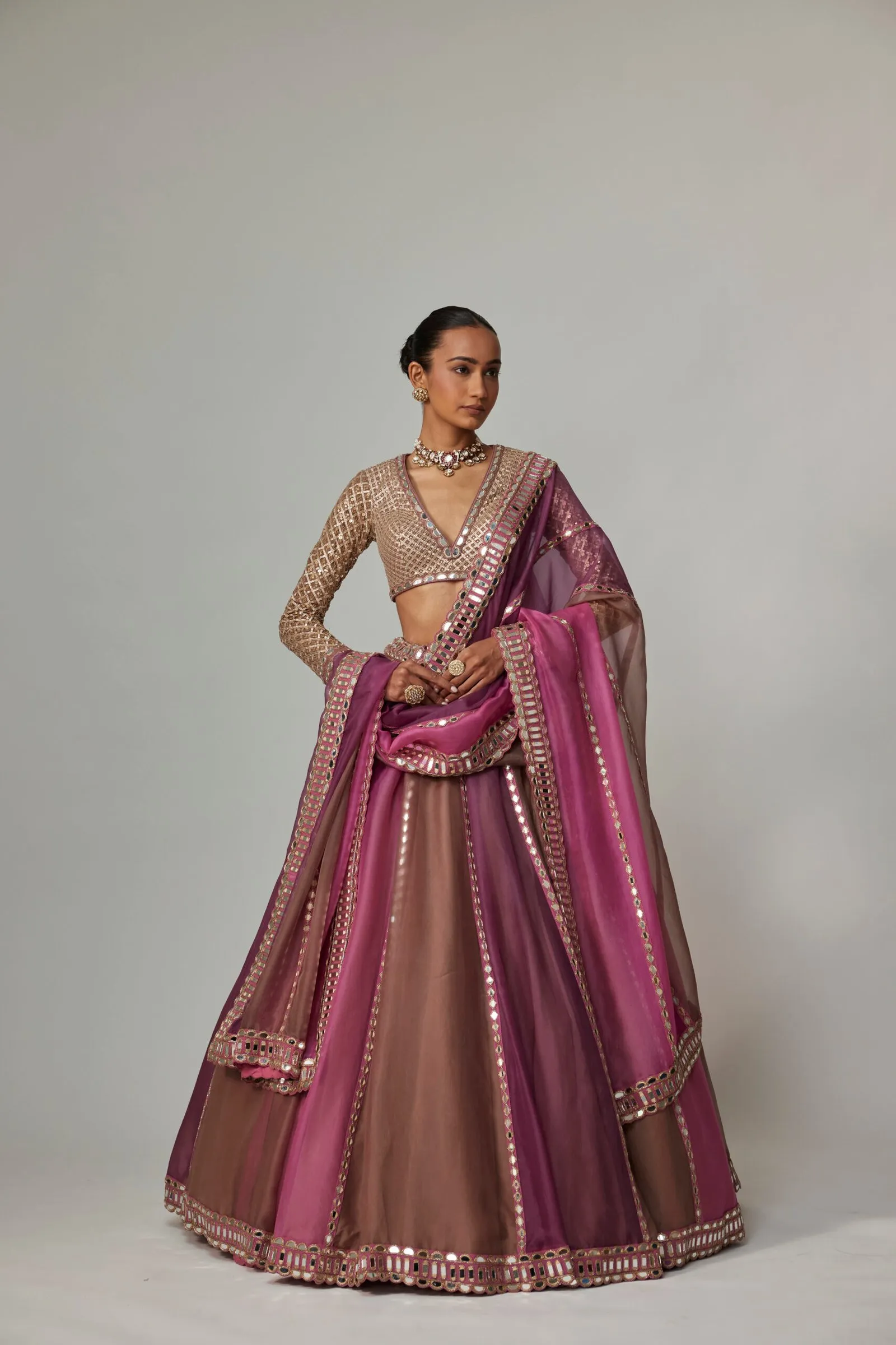 Pink and Brown Mirror Work Lehenga with Deep V-Neck Blouse