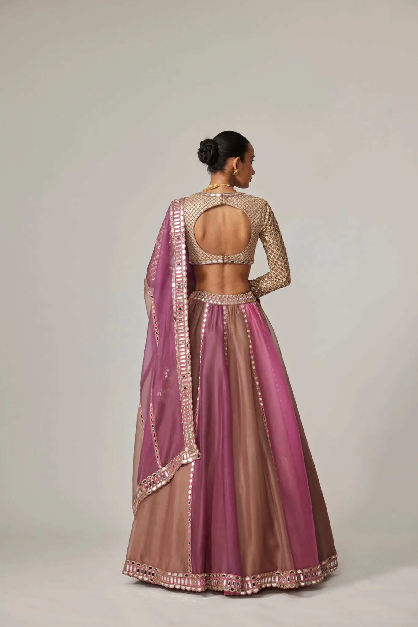 Pink and Brown Mirror Work Lehenga with Deep V-Neck Blouse