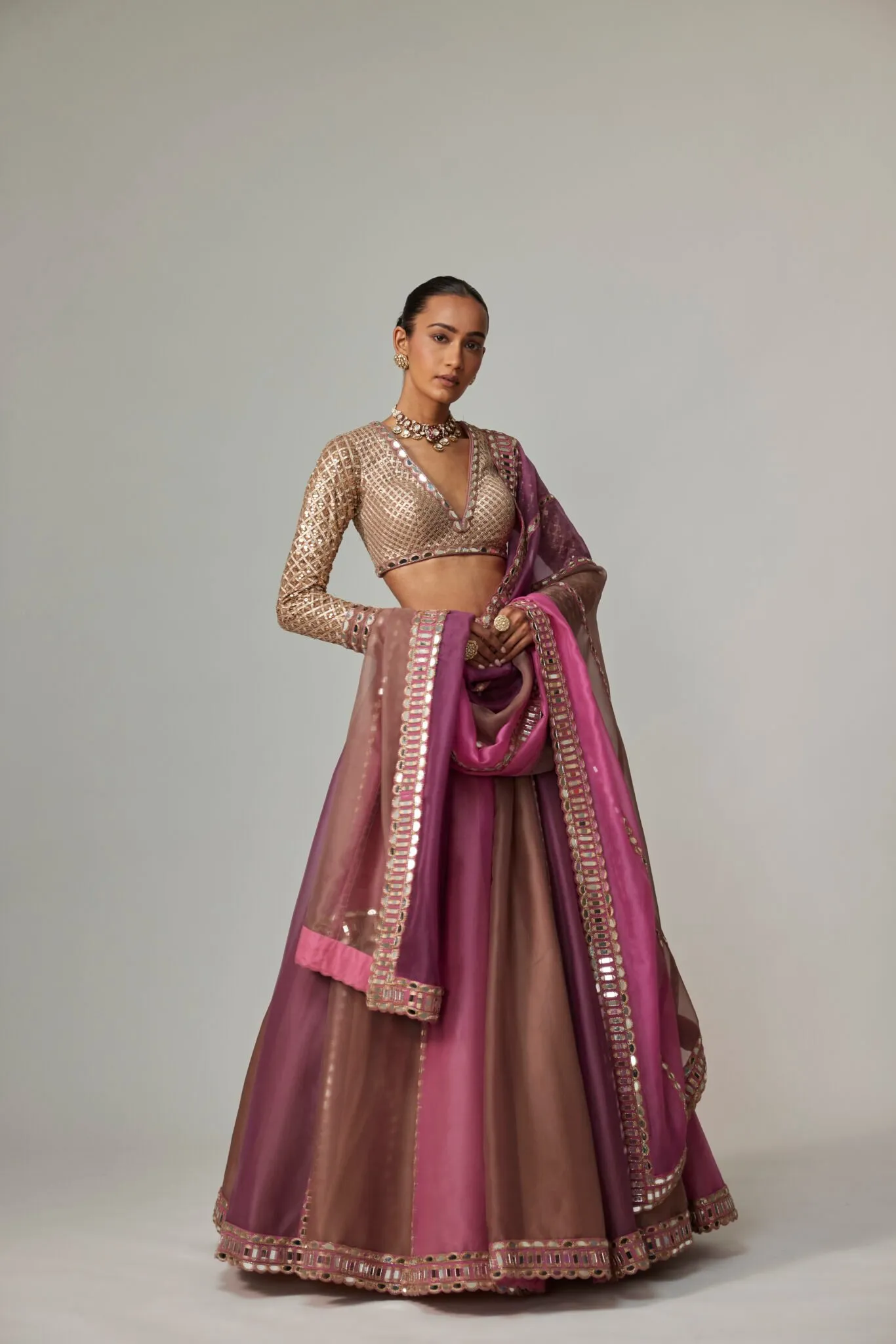 Pink and Brown Mirror Work Lehenga with Deep V-Neck Blouse