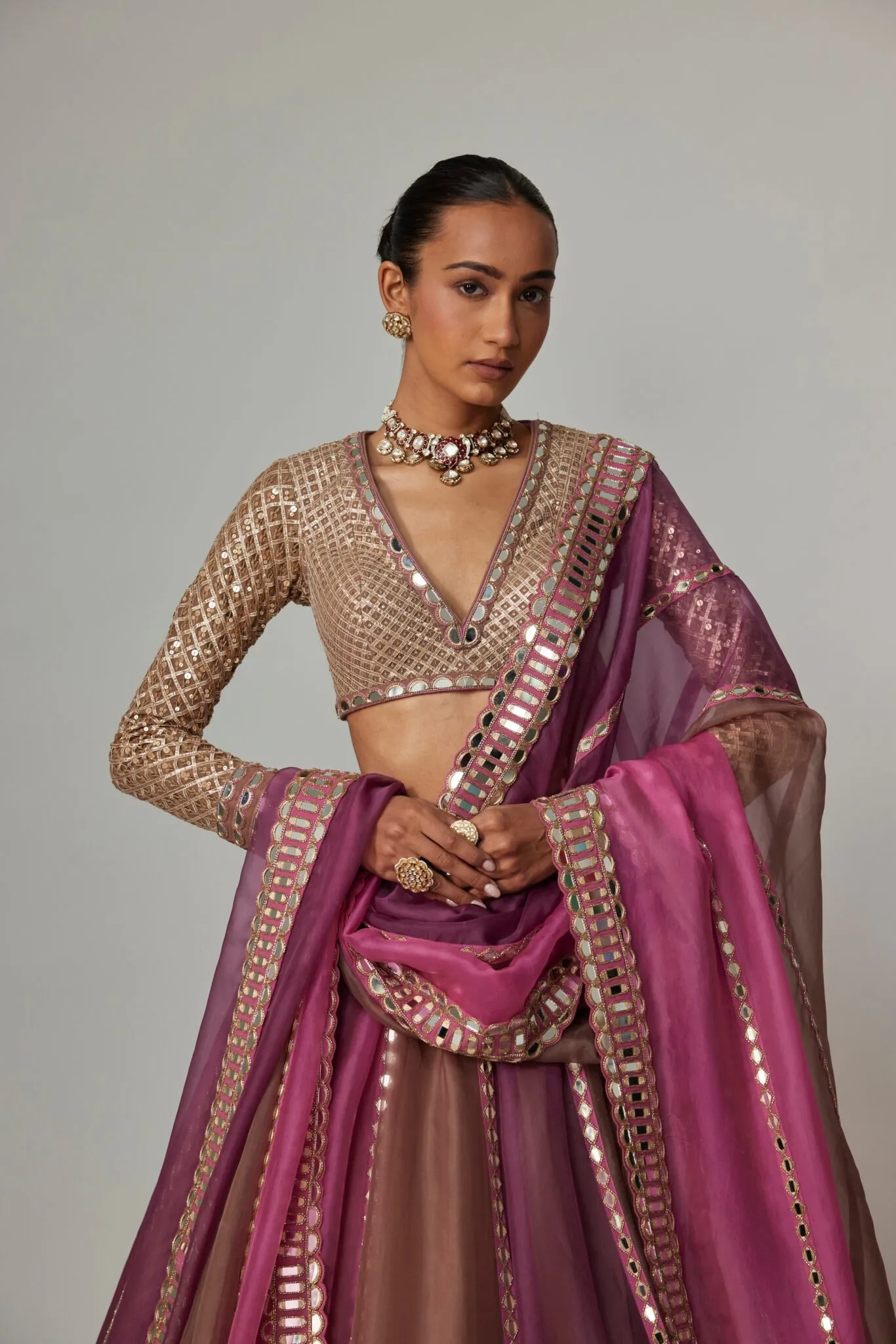 Pink and Brown Mirror Work Lehenga with Deep V-Neck Blouse