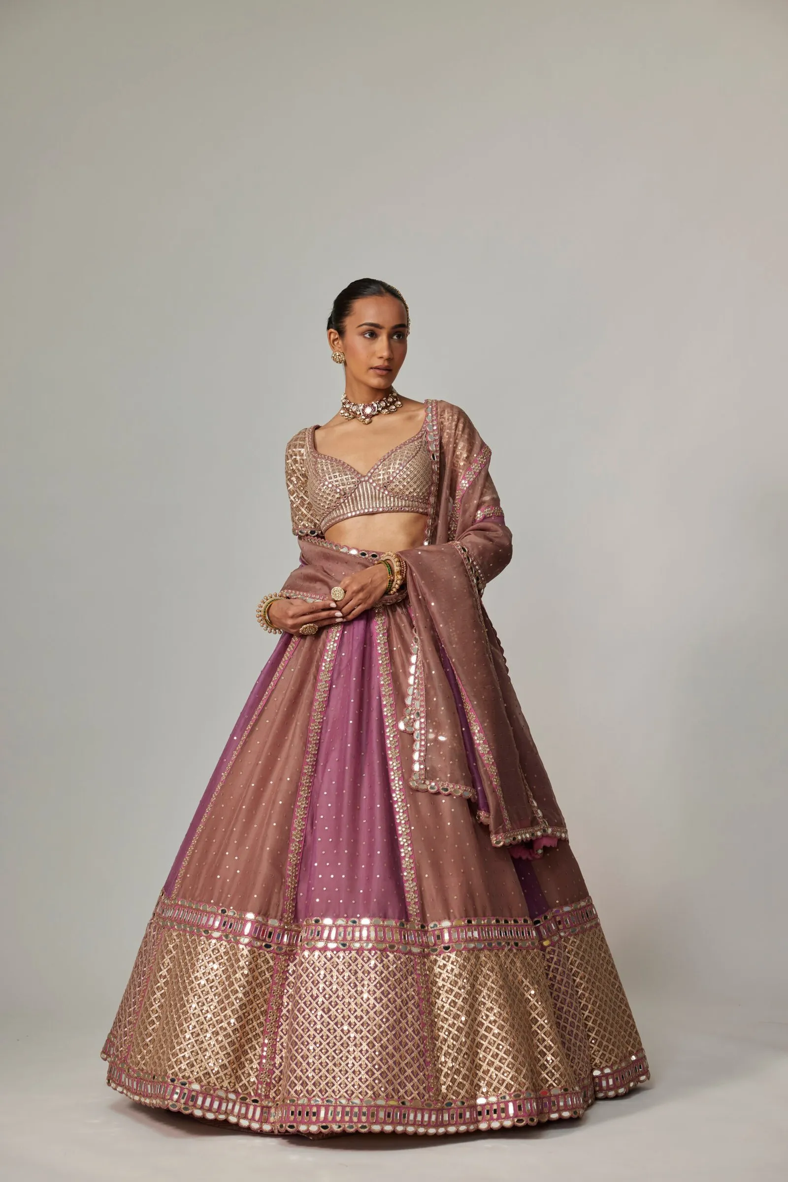 Pink and Brown Embroidered Lehenga with Mirror Work Borders