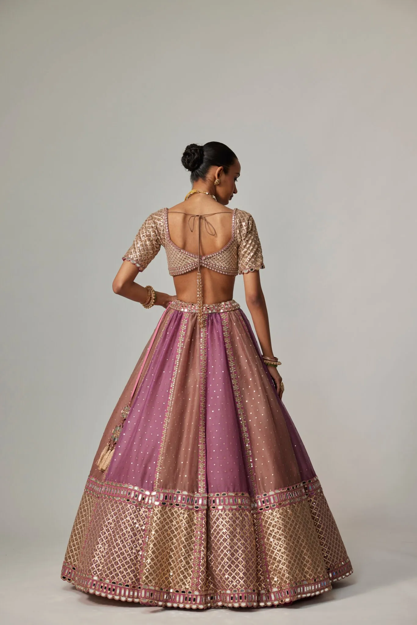Pink and Brown Embroidered Lehenga with Mirror Work Borders
