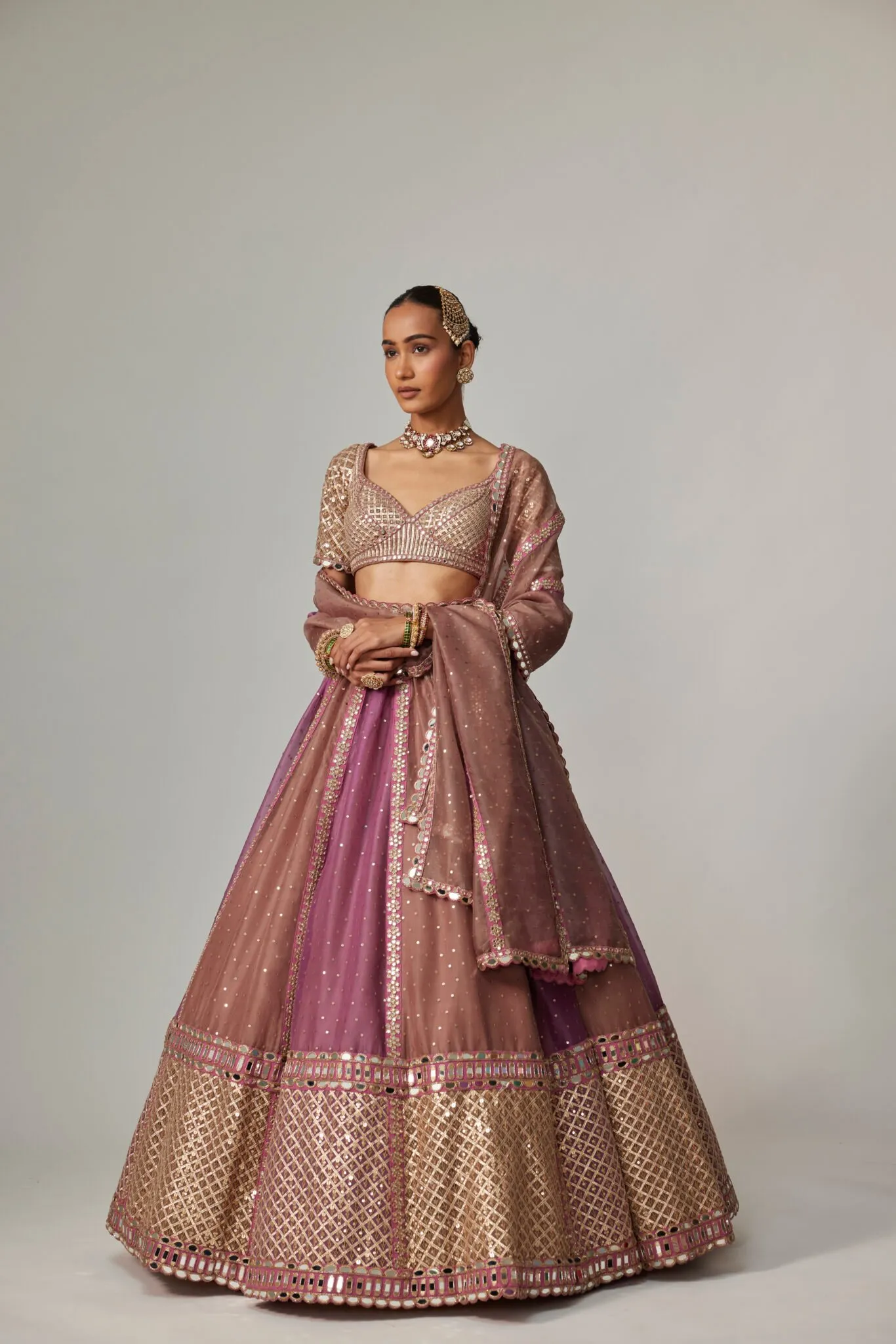 Pink and Brown Embroidered Lehenga with Mirror Work Borders