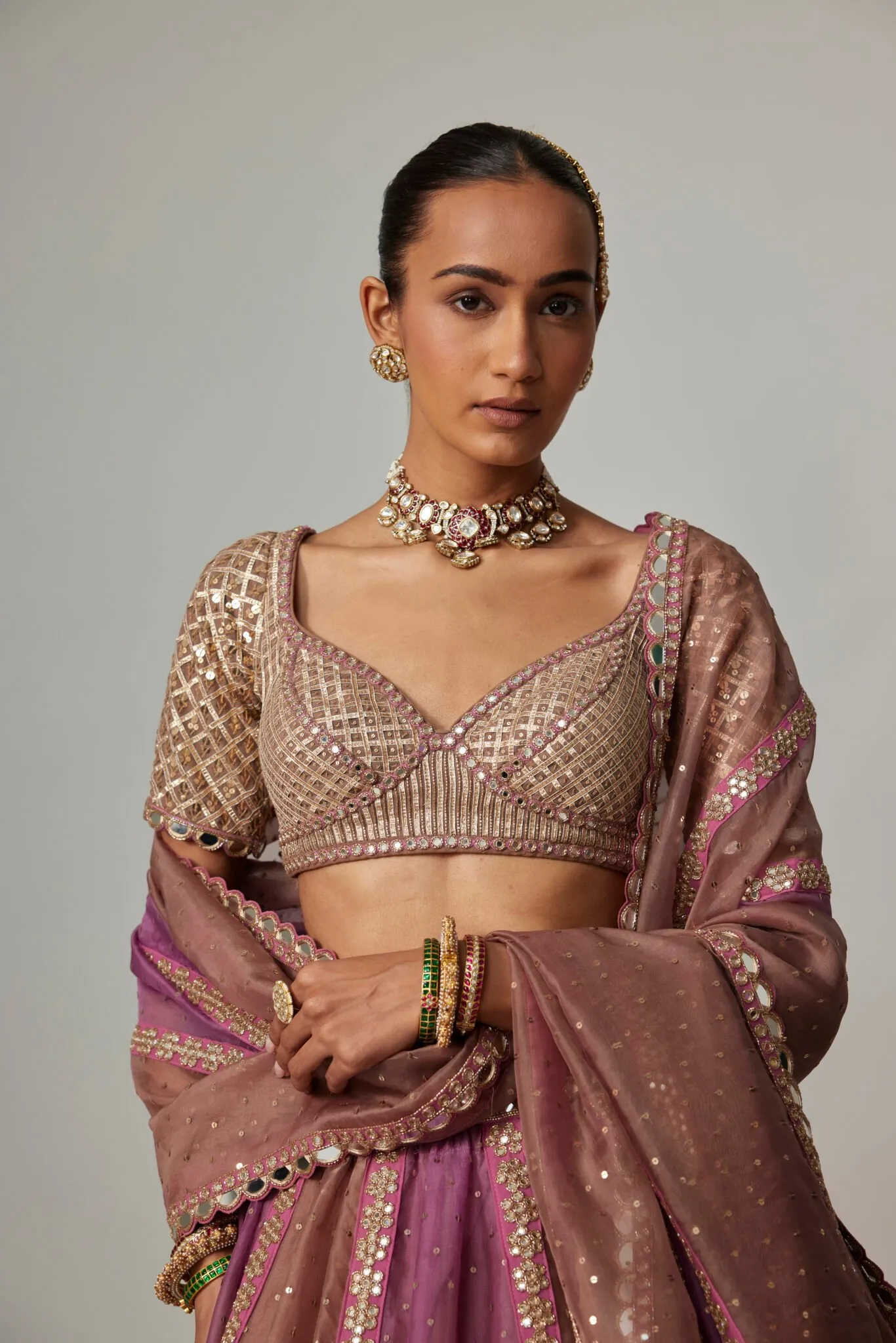 Pink and Brown Embroidered Lehenga with Mirror Work Borders