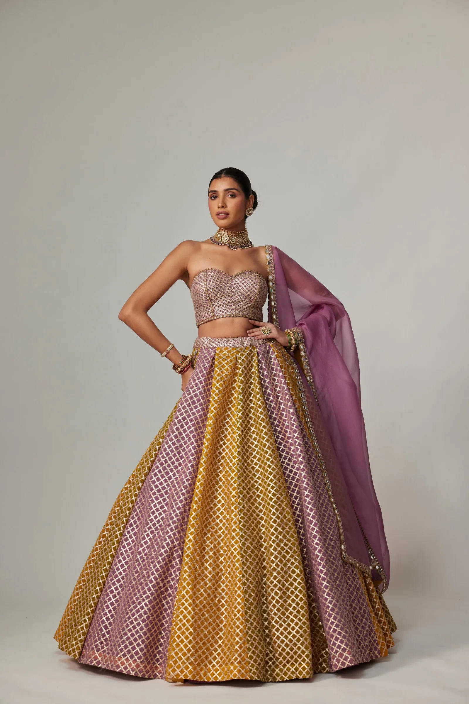 Mustard and Pink Jaal Lehenga Set with Bustier Blouse