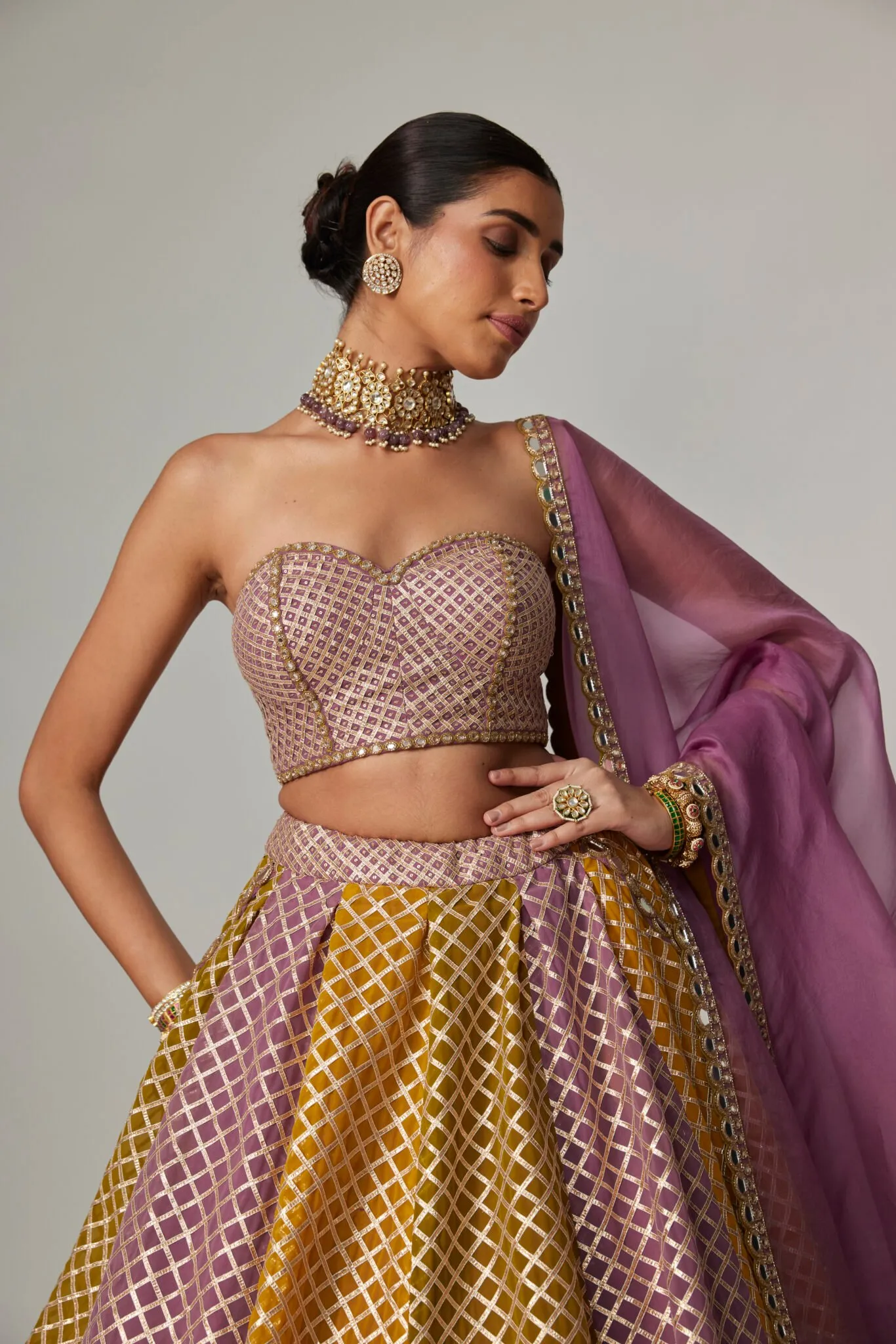 Mustard and Pink Jaal Lehenga Set with Bustier Blouse