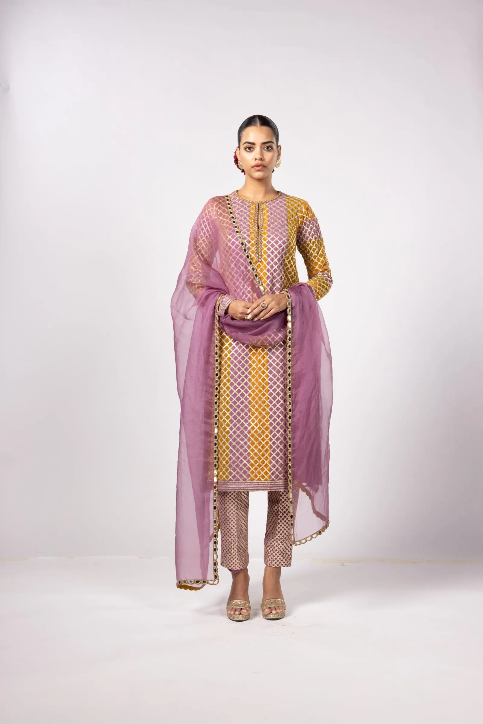 Mustard and Pink Jaal Kurta Set with Dupatta