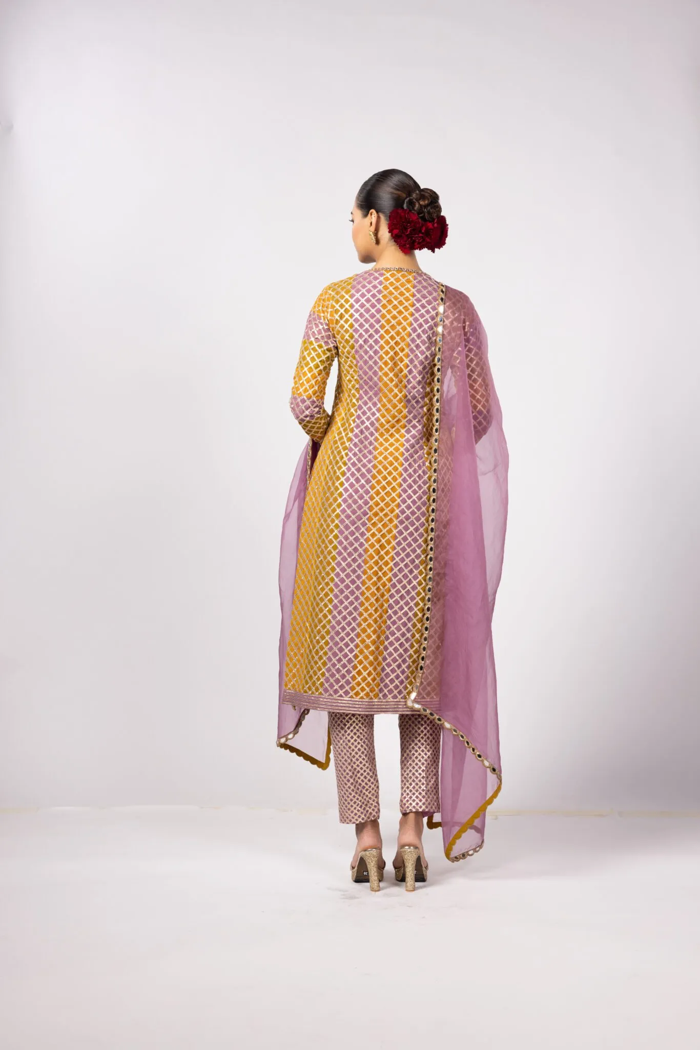Mustard and Pink Jaal Kurta Set with Dupatta