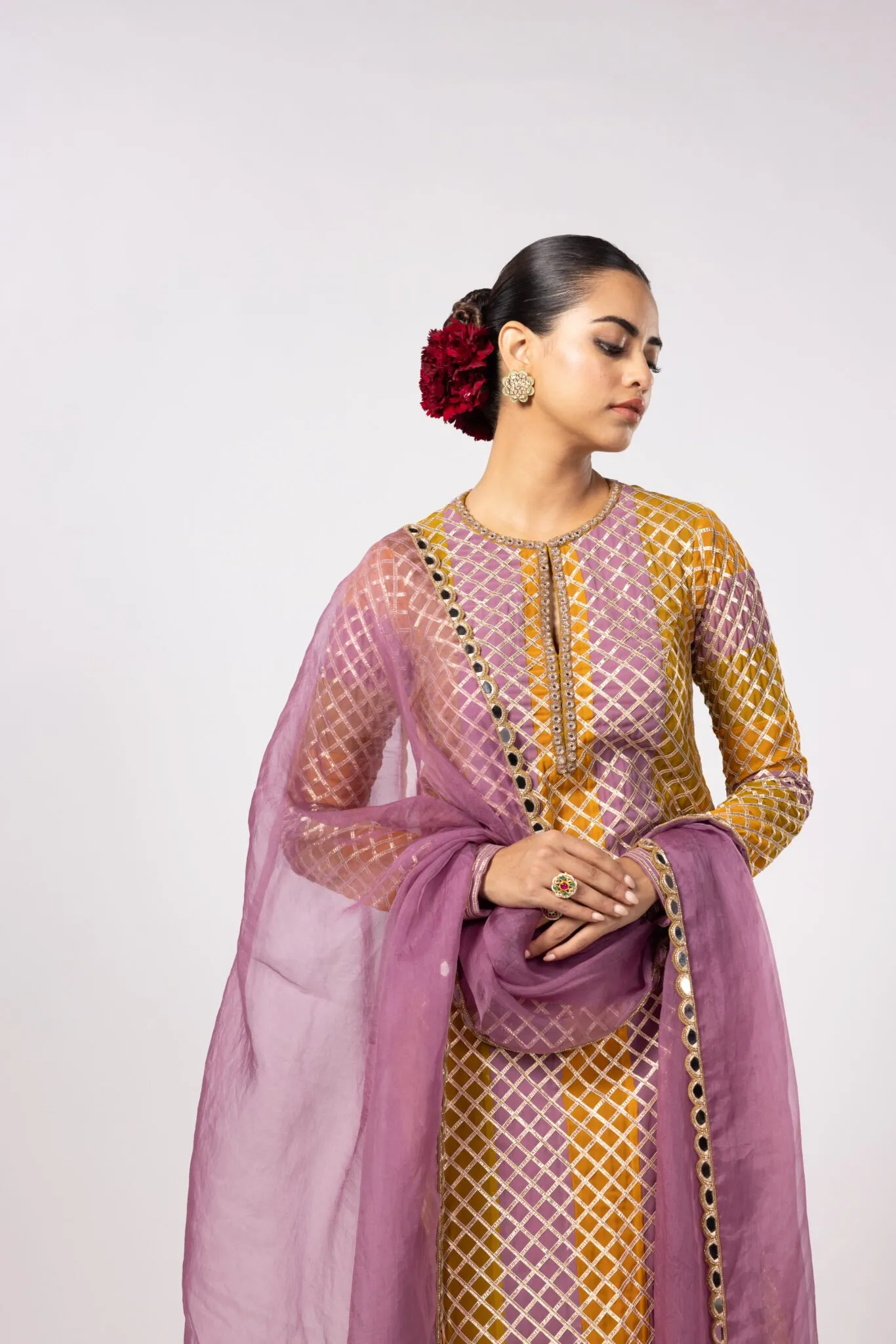 Mustard and Pink Jaal Kurta Set with Dupatta
