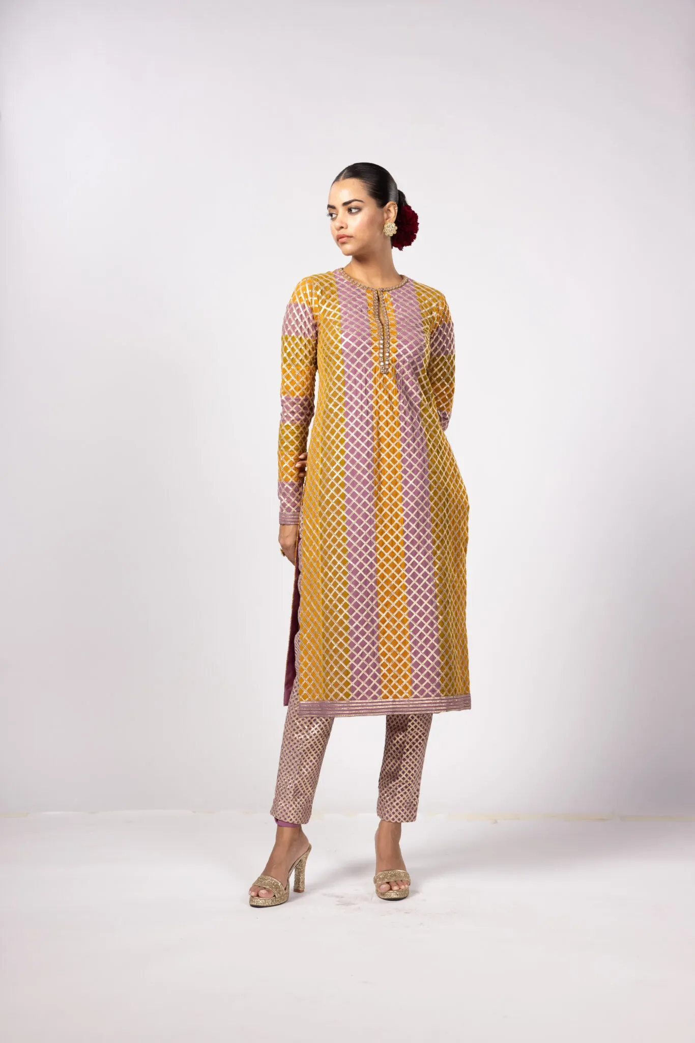 Mustard and Pink Jaal Kurta Set with Dupatta