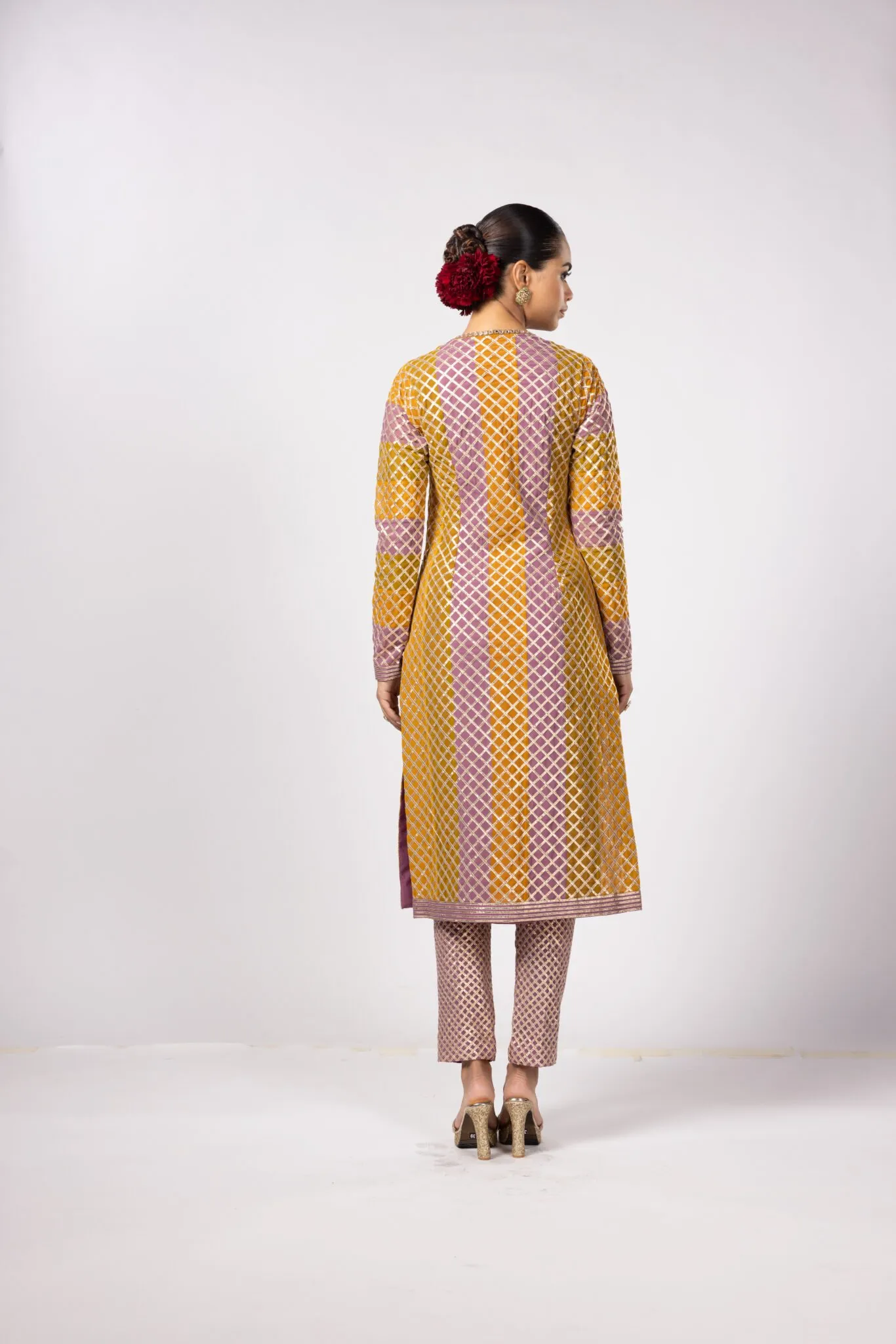 Mustard and Pink Jaal Straight Kurta Set