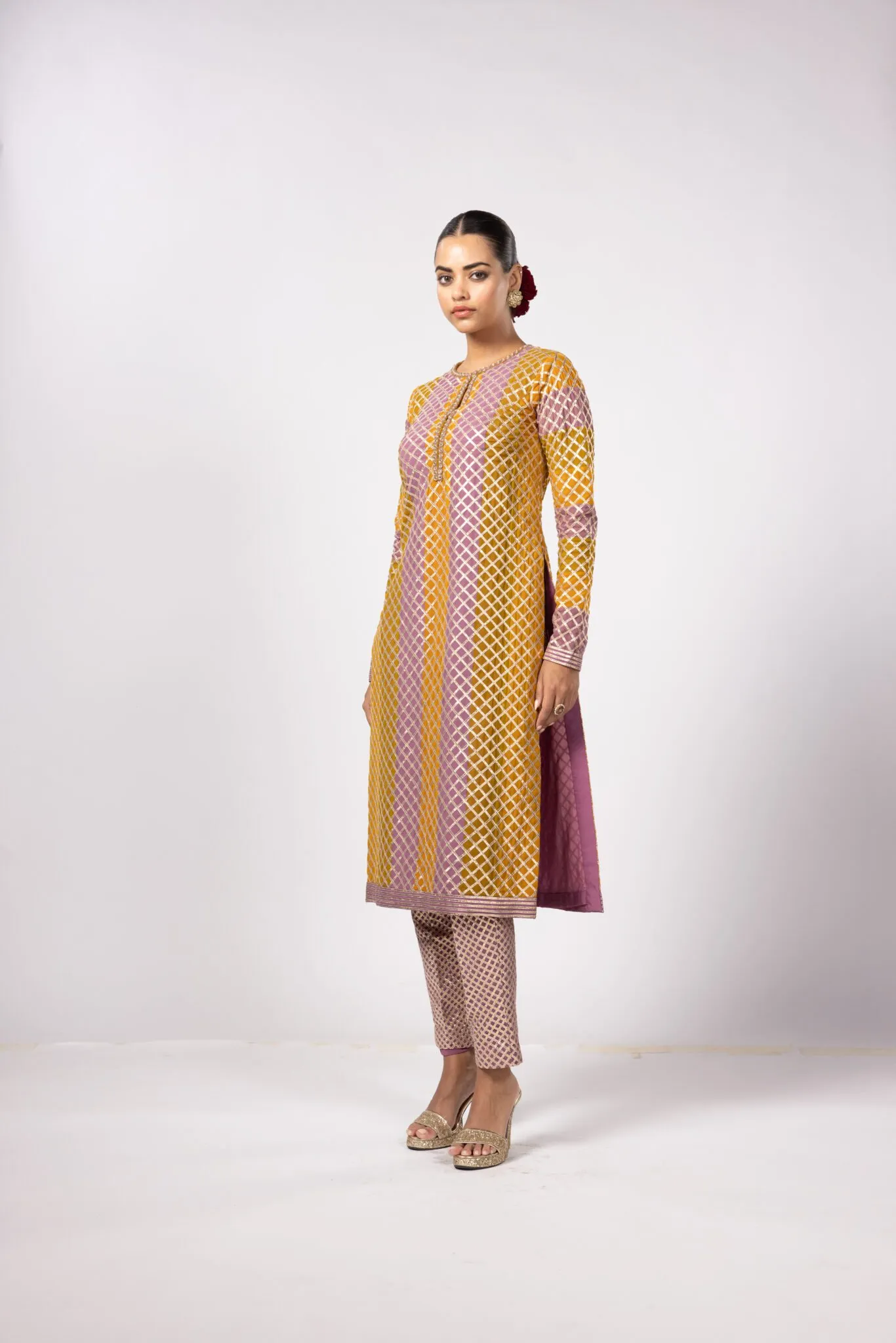 Mustard and Pink Jaal Straight Kurta Set
