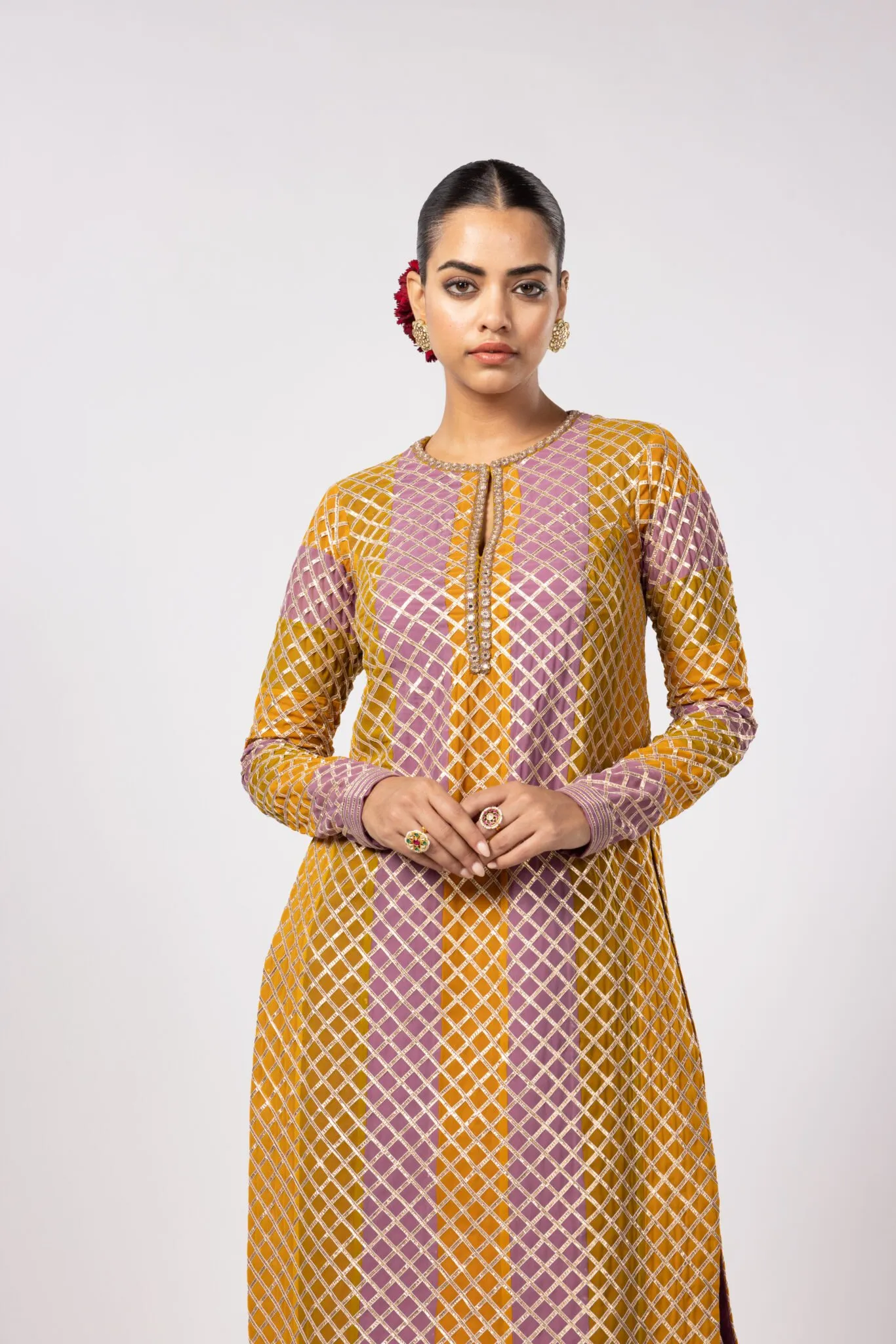 Mustard and Pink Jaal Straight Kurta Set