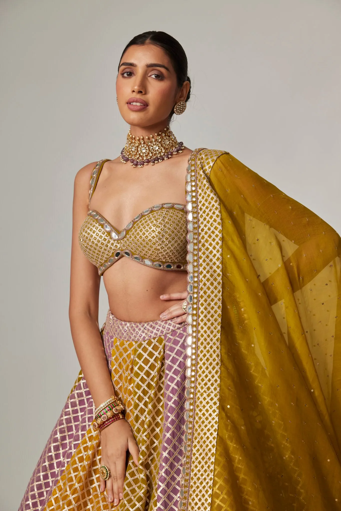 Mustard and Pink Dual-Toned Lehenga Set