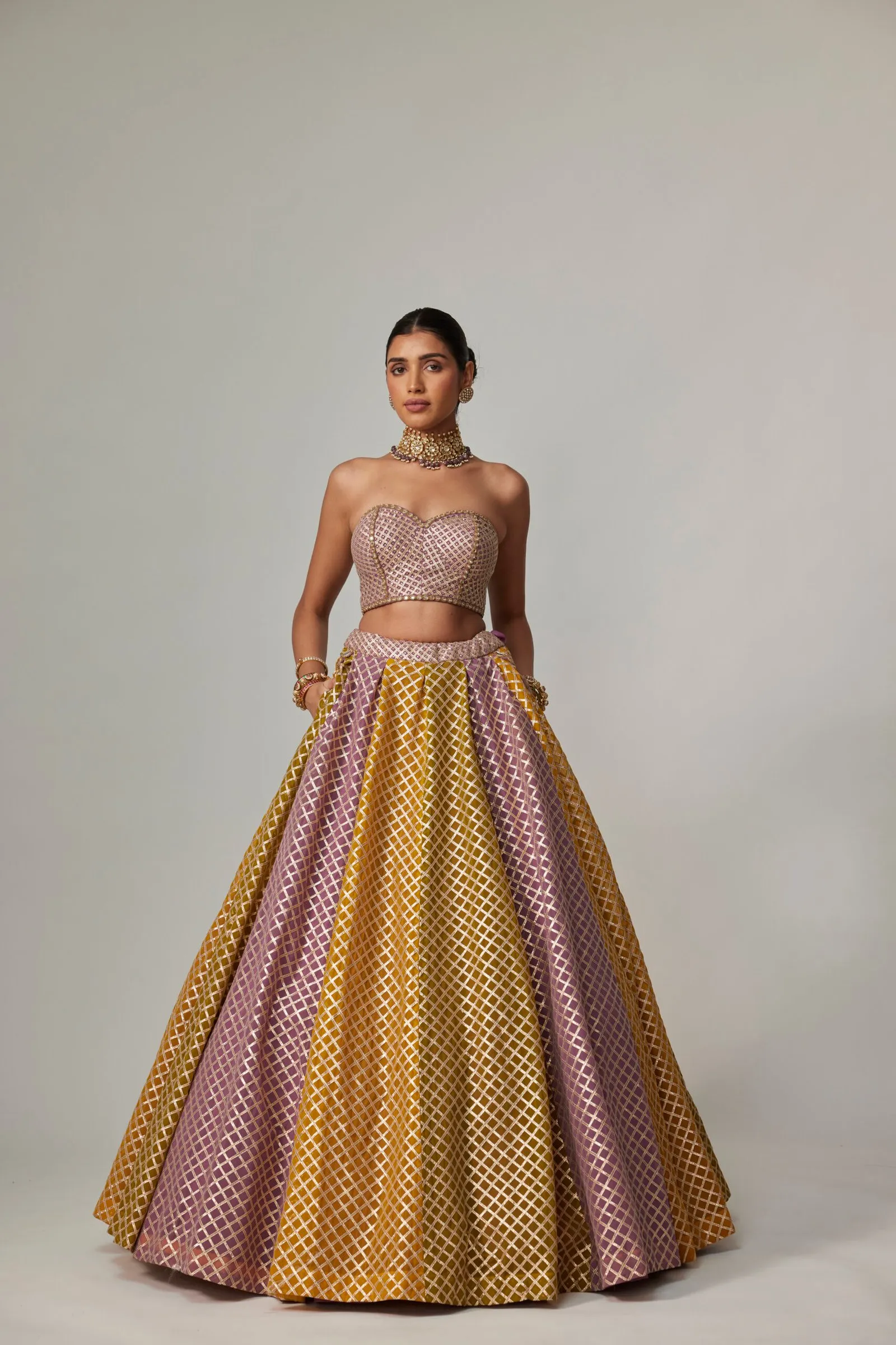 Strapless Mustard and Pink Lehenga Set