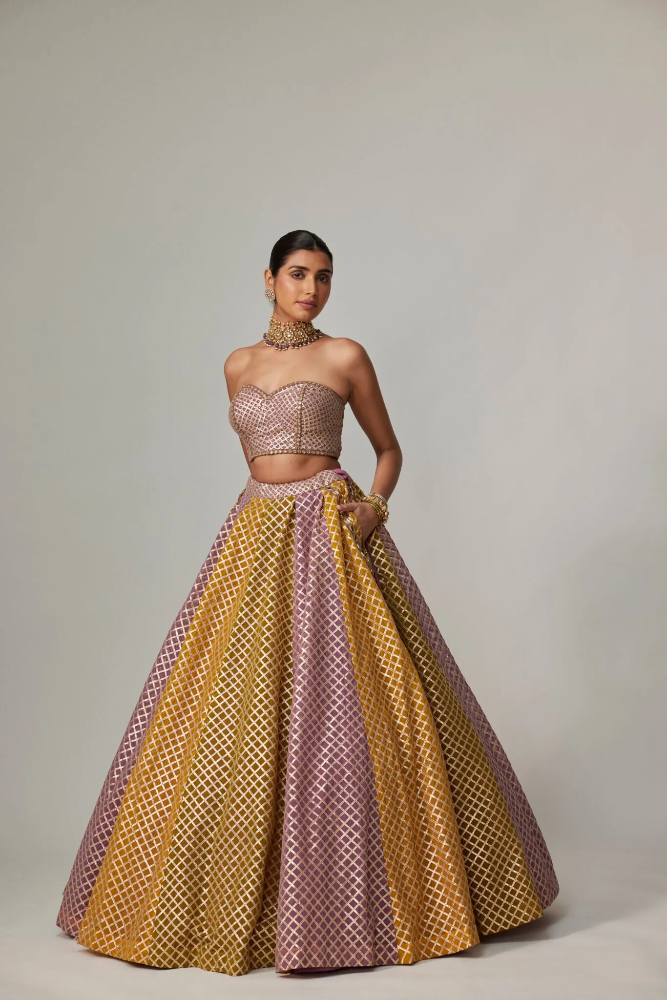 Strapless Mustard and Pink Lehenga Set