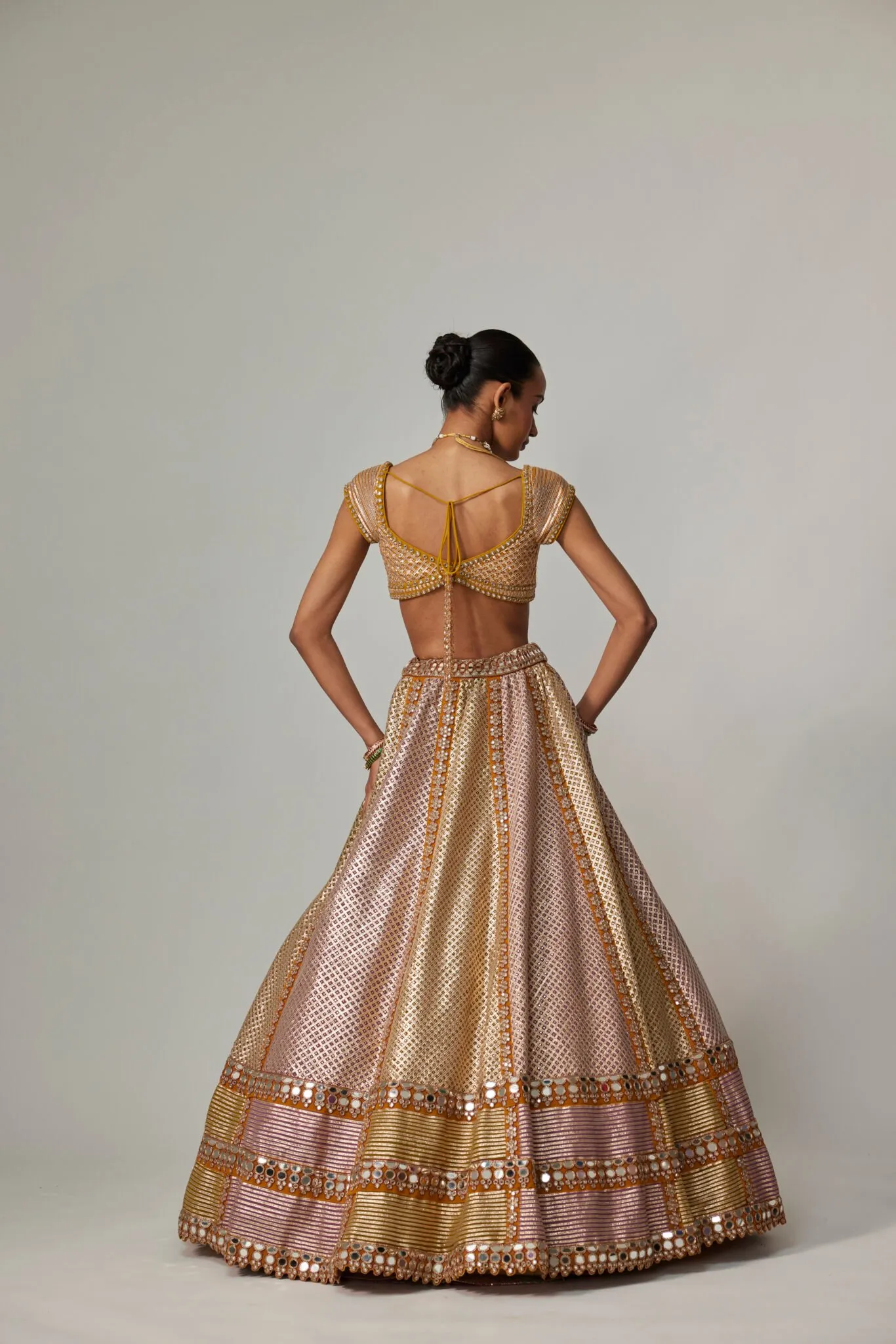 Mustard and Pink Panelled Lehenga with Mirror Work