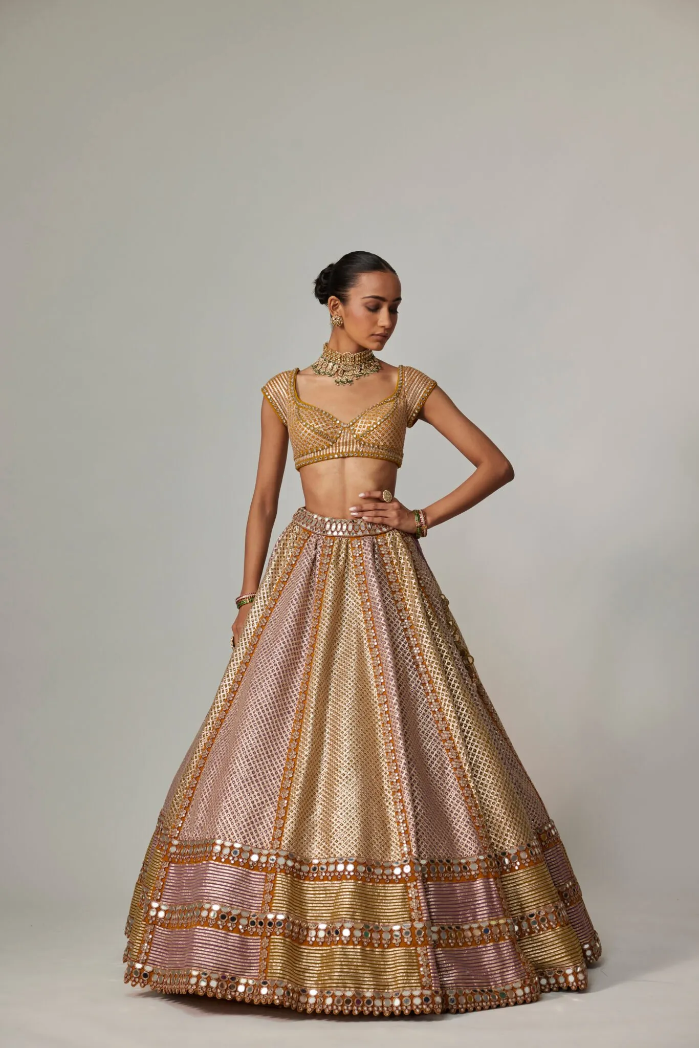 Mustard and Pink Panelled Lehenga with Mirror Work