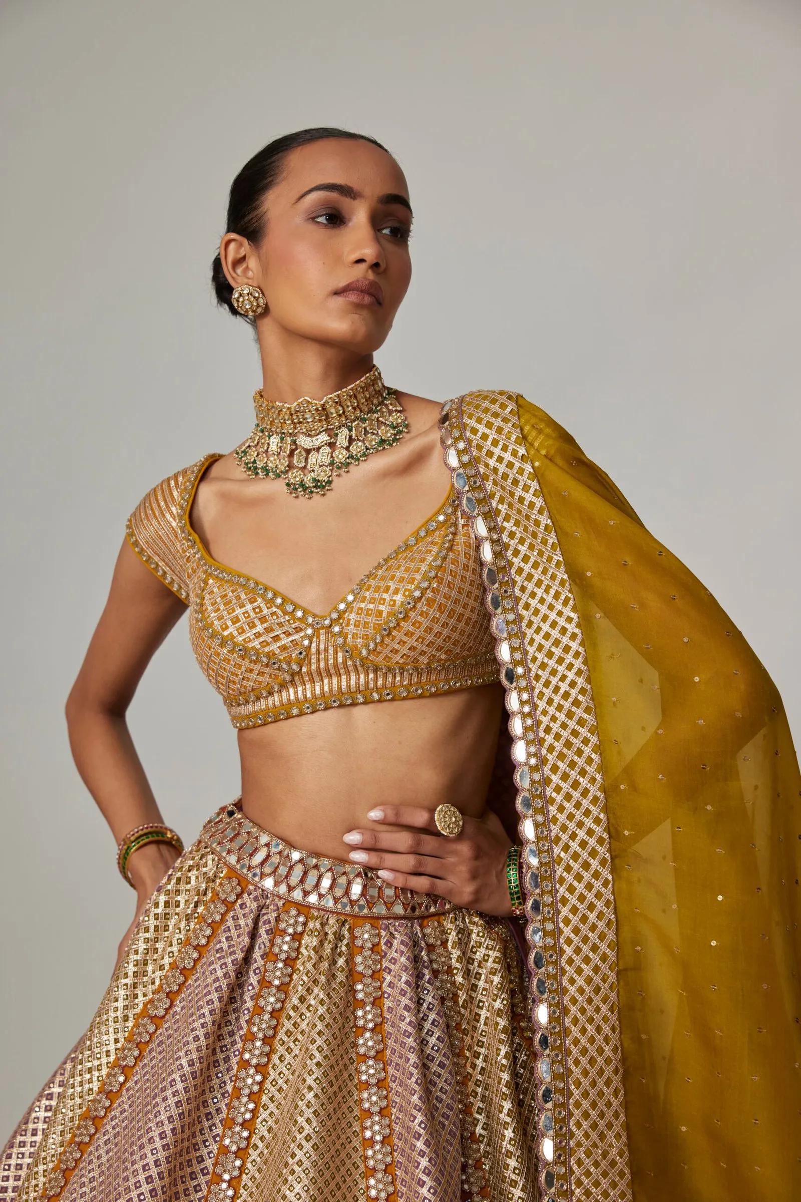 Mustard and Pink Bridal Lehenga with Structured Blouse