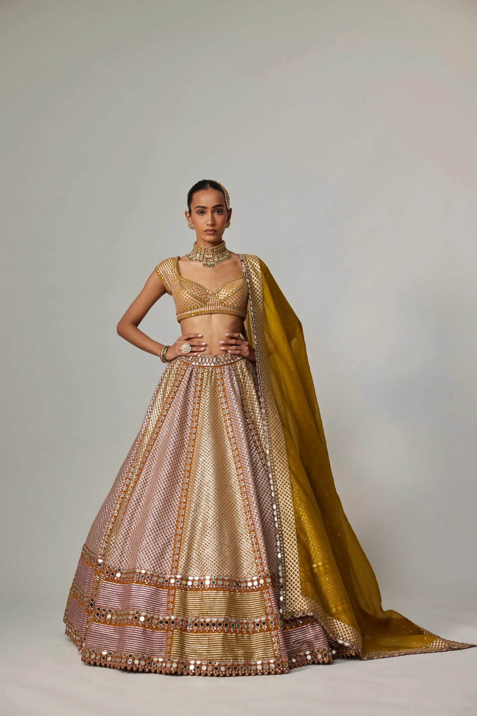 Mustard and Pink Bridal Lehenga with Structured Blouse