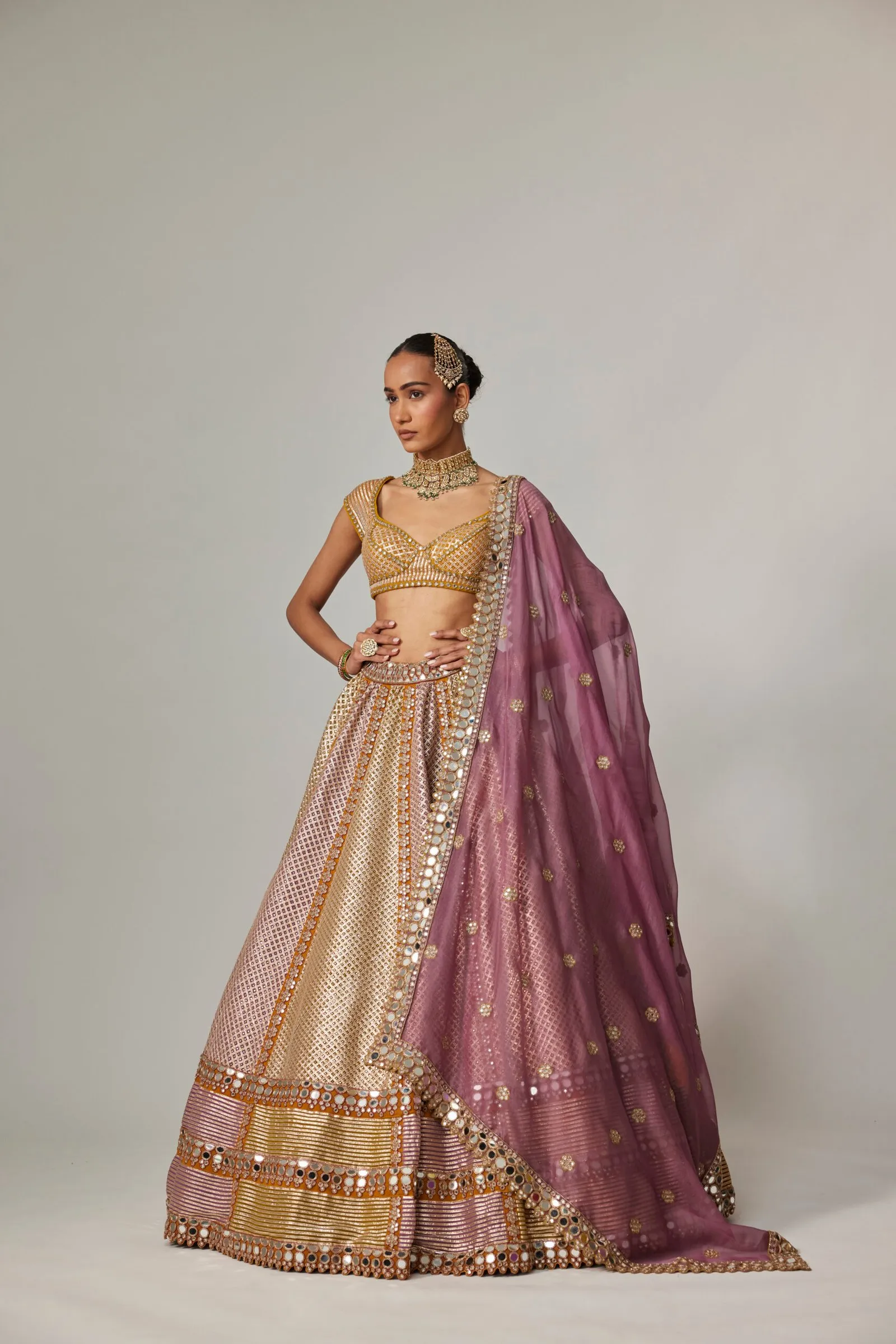 Gold and Lilac Bridal Lehenga with Mirror Embellishments