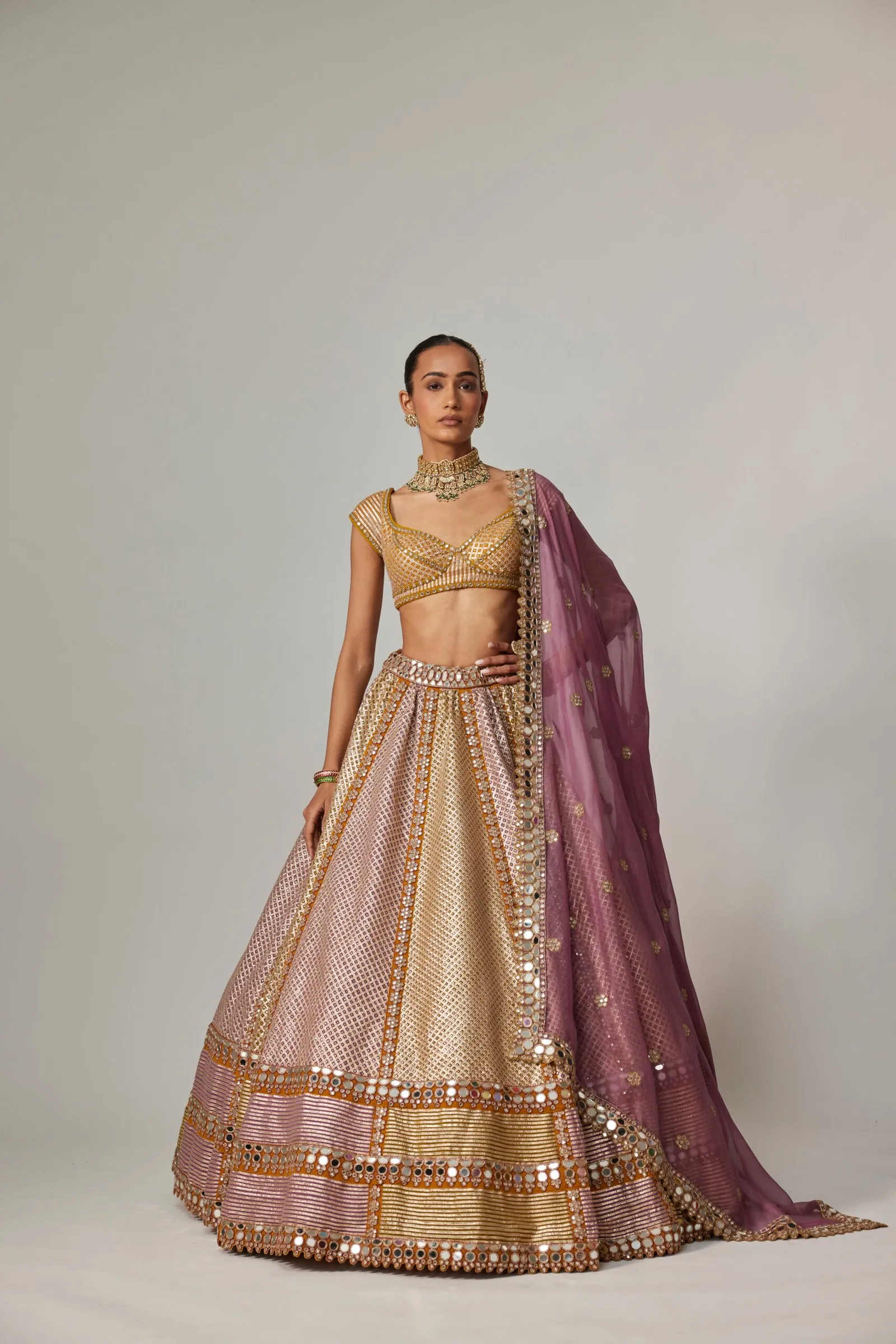 Gold and Lilac Bridal Lehenga with Mirror Embellishments