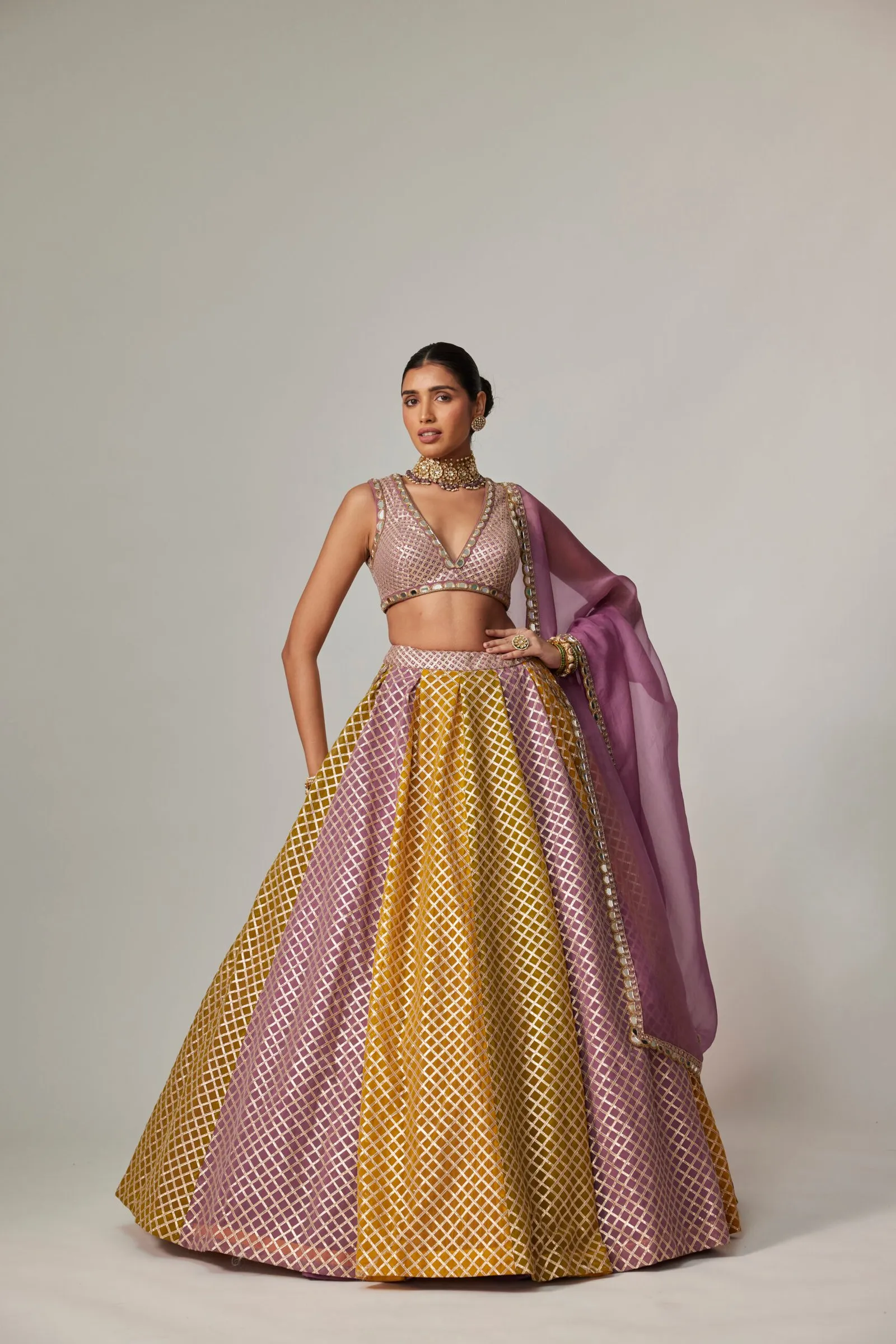 Mustard and Lilac Geometric Lehenga with Deep V-Neck Blouse