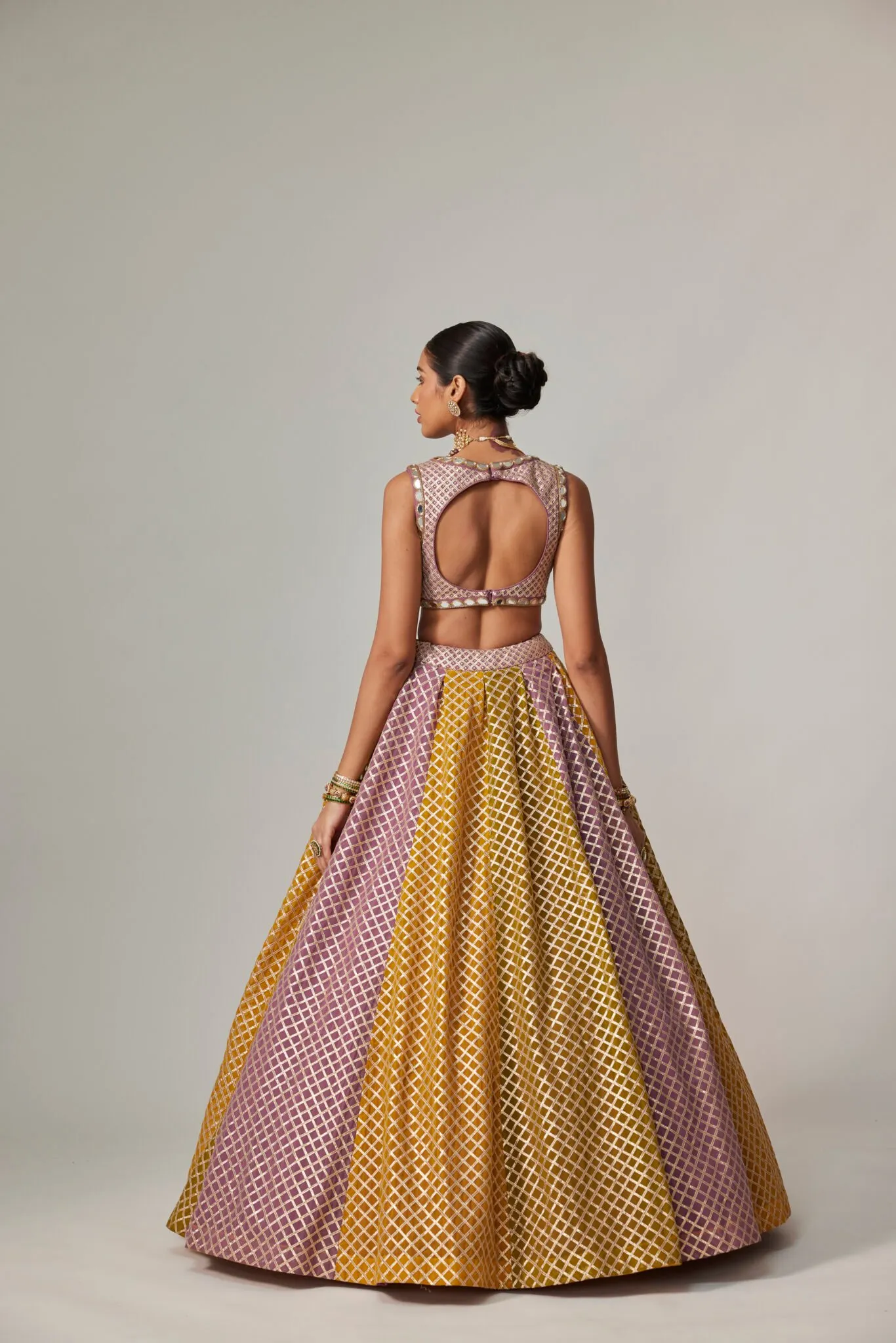 Mustard and Lilac Geometric Lehenga with Deep V-Neck Blouse