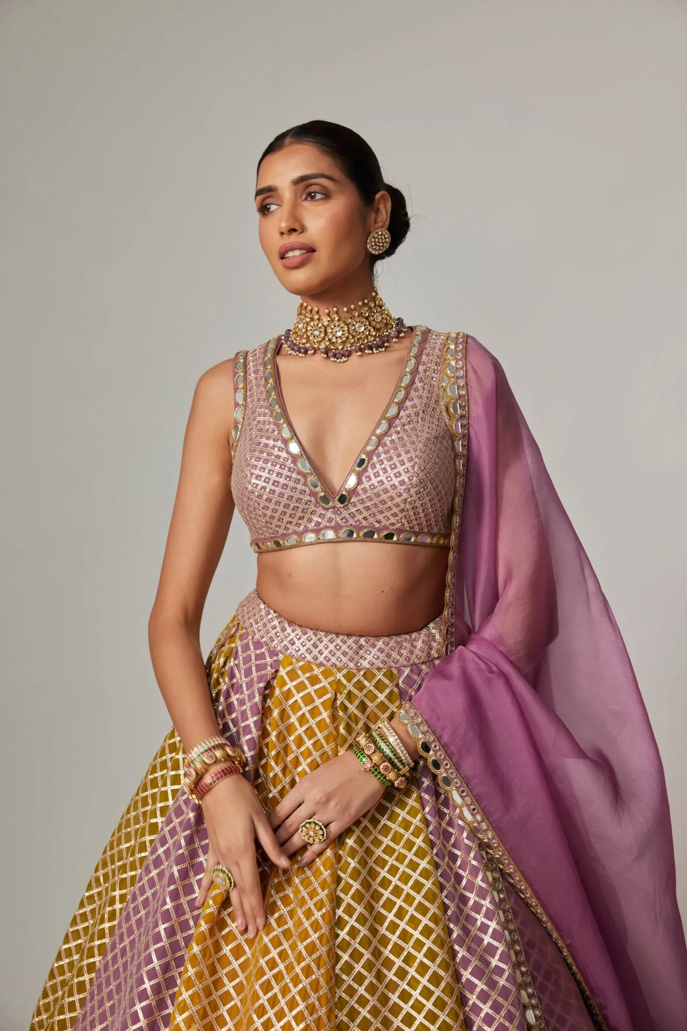 Mustard and Lilac Geometric Lehenga with Deep V-Neck Blouse