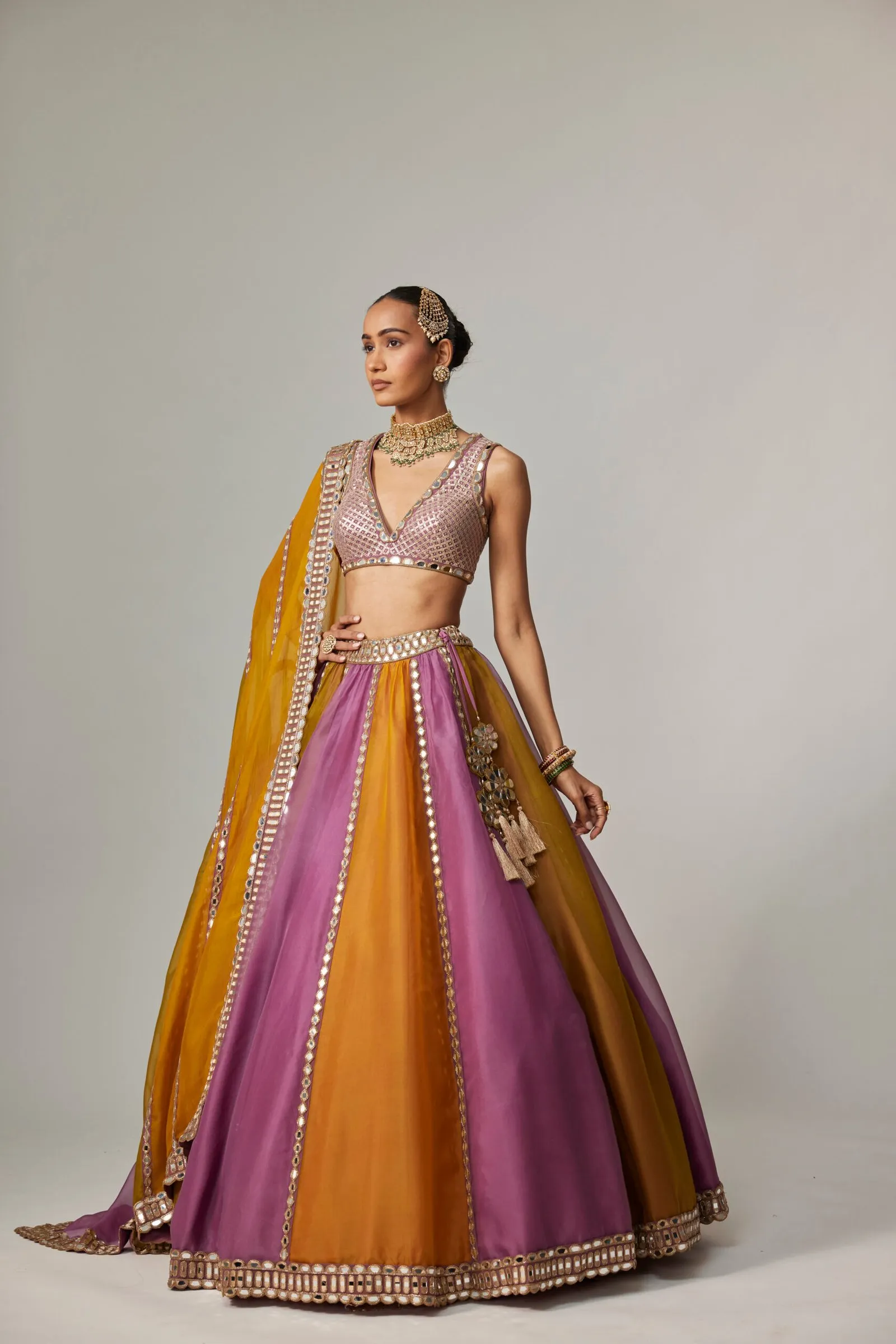 Mustard and Lilac Contrast Panel Lehenga with Mirror Work Blouse