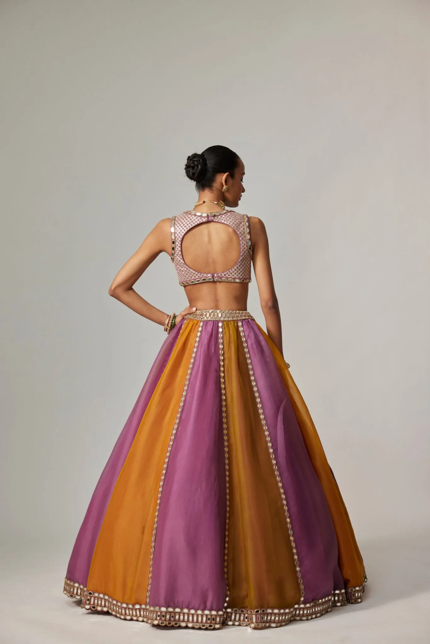 Mustard and Lilac Contrast Panel Lehenga with Mirror Work Blouse