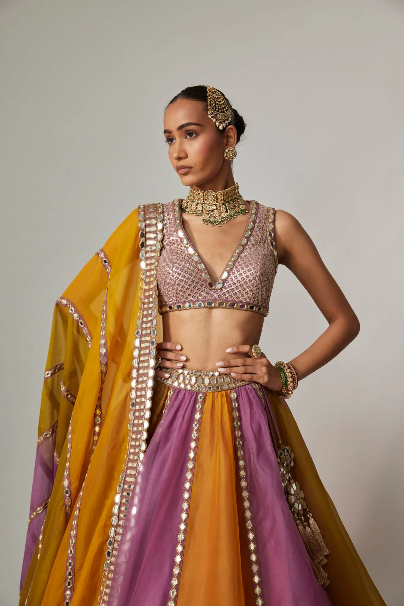 Mustard and Lilac Contrast Panel Lehenga with Mirror Work Blouse