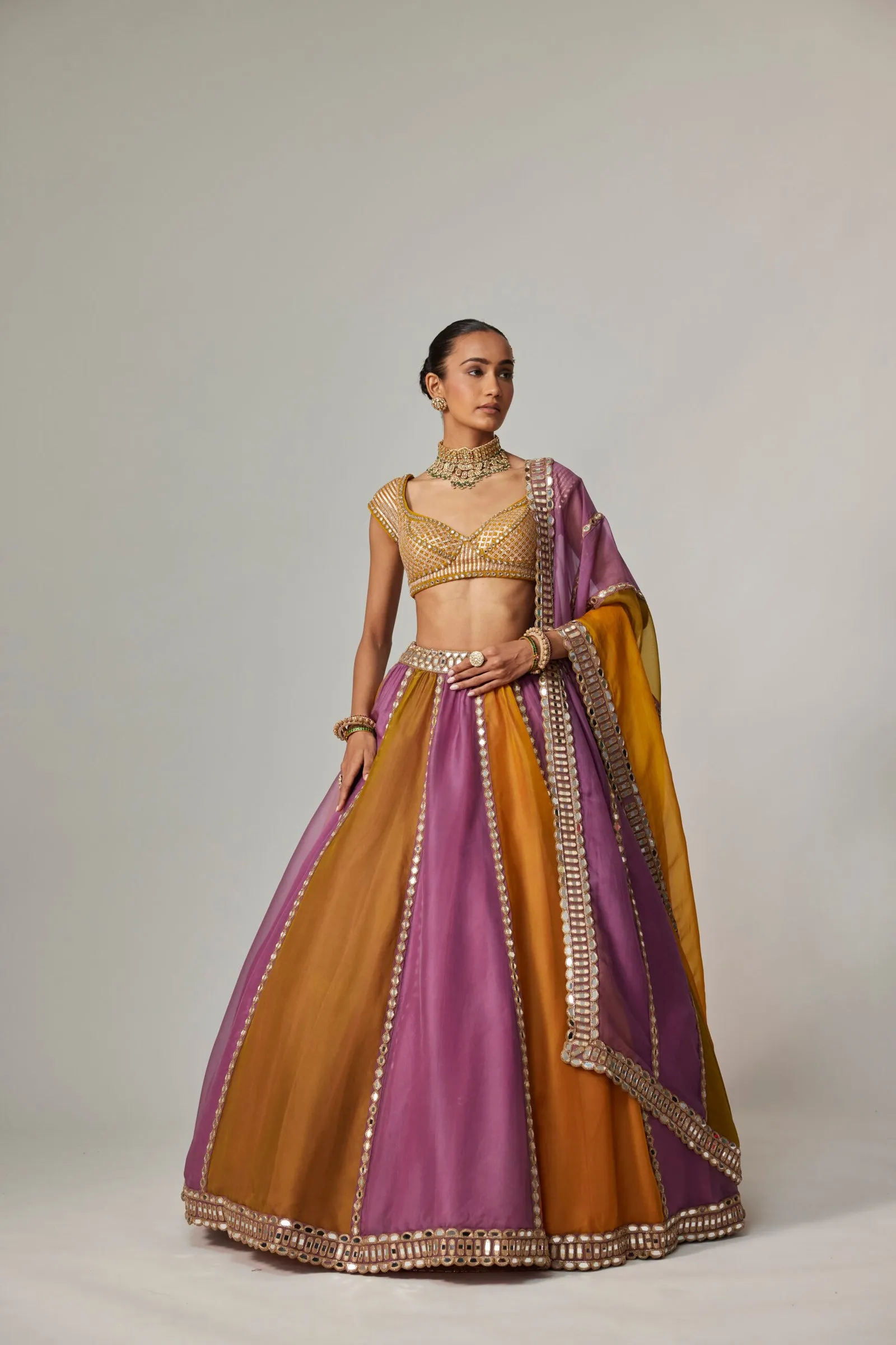 Mustard and Lilac Mirror Work Lehenga with Embellished Blouse