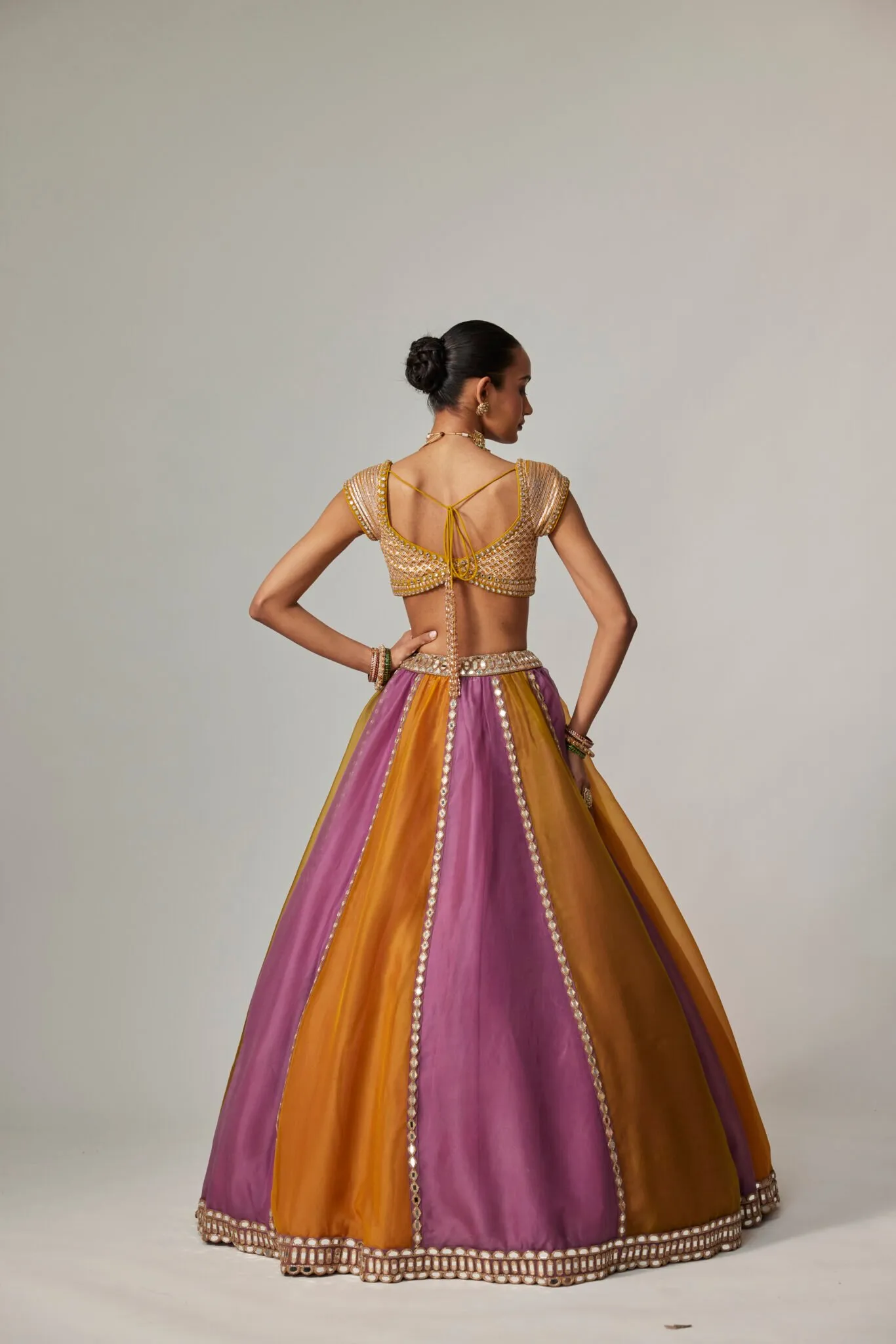 Mustard and Lilac Mirror Work Lehenga with Embellished Blouse