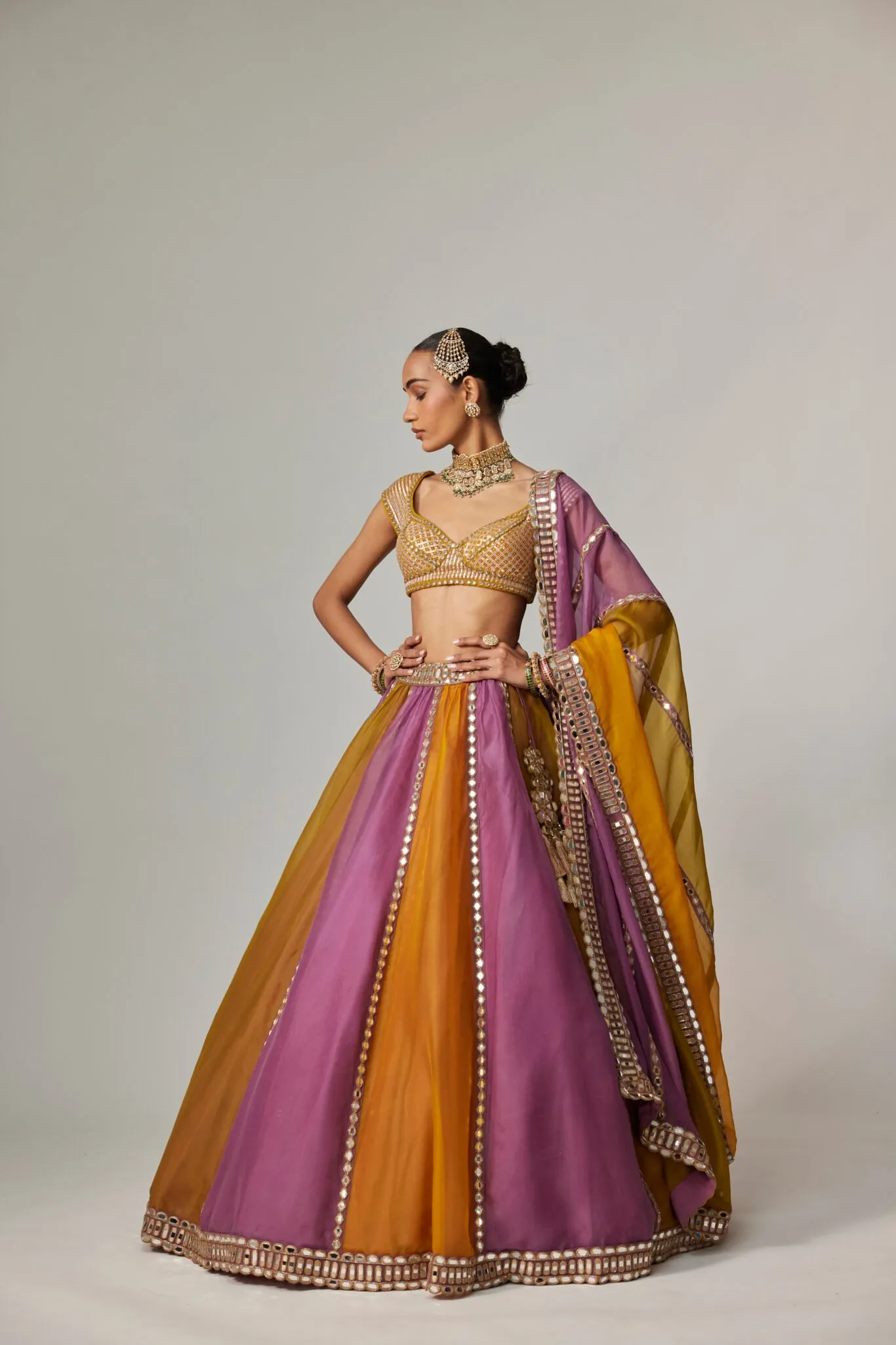 Mustard and Lilac Mirror Work Lehenga with Embellished Blouse