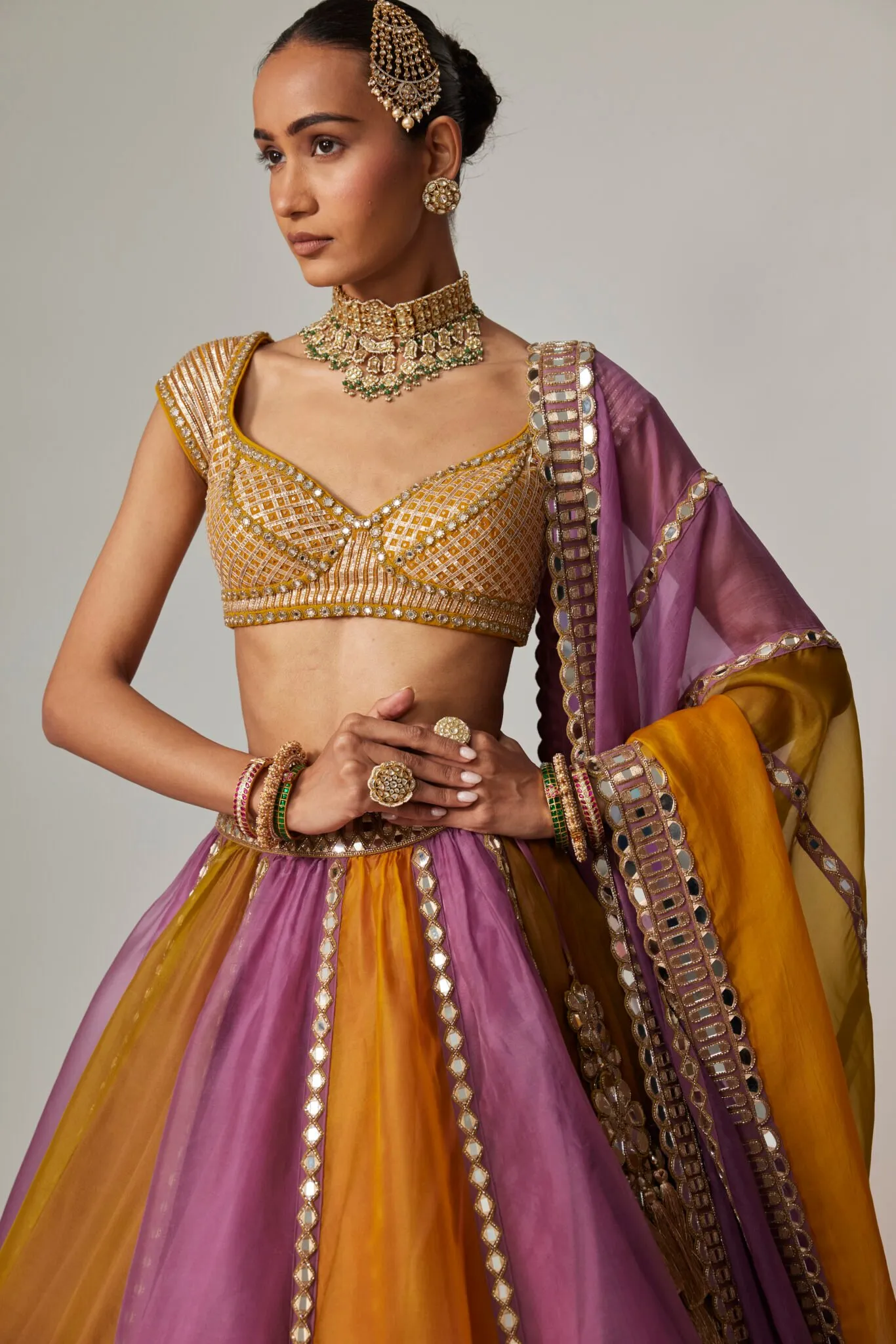 Mustard and Lilac Mirror Work Lehenga with Embellished Blouse